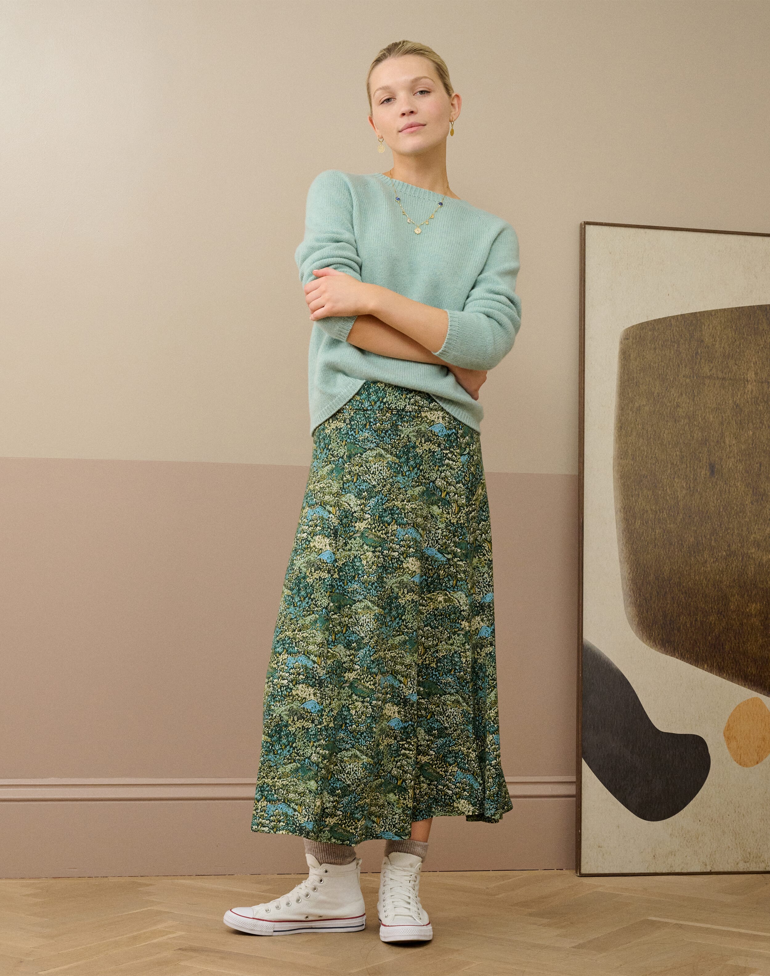 Brora Satin Backed Crepe Leaf Print Skirt Jay & emerald - 4