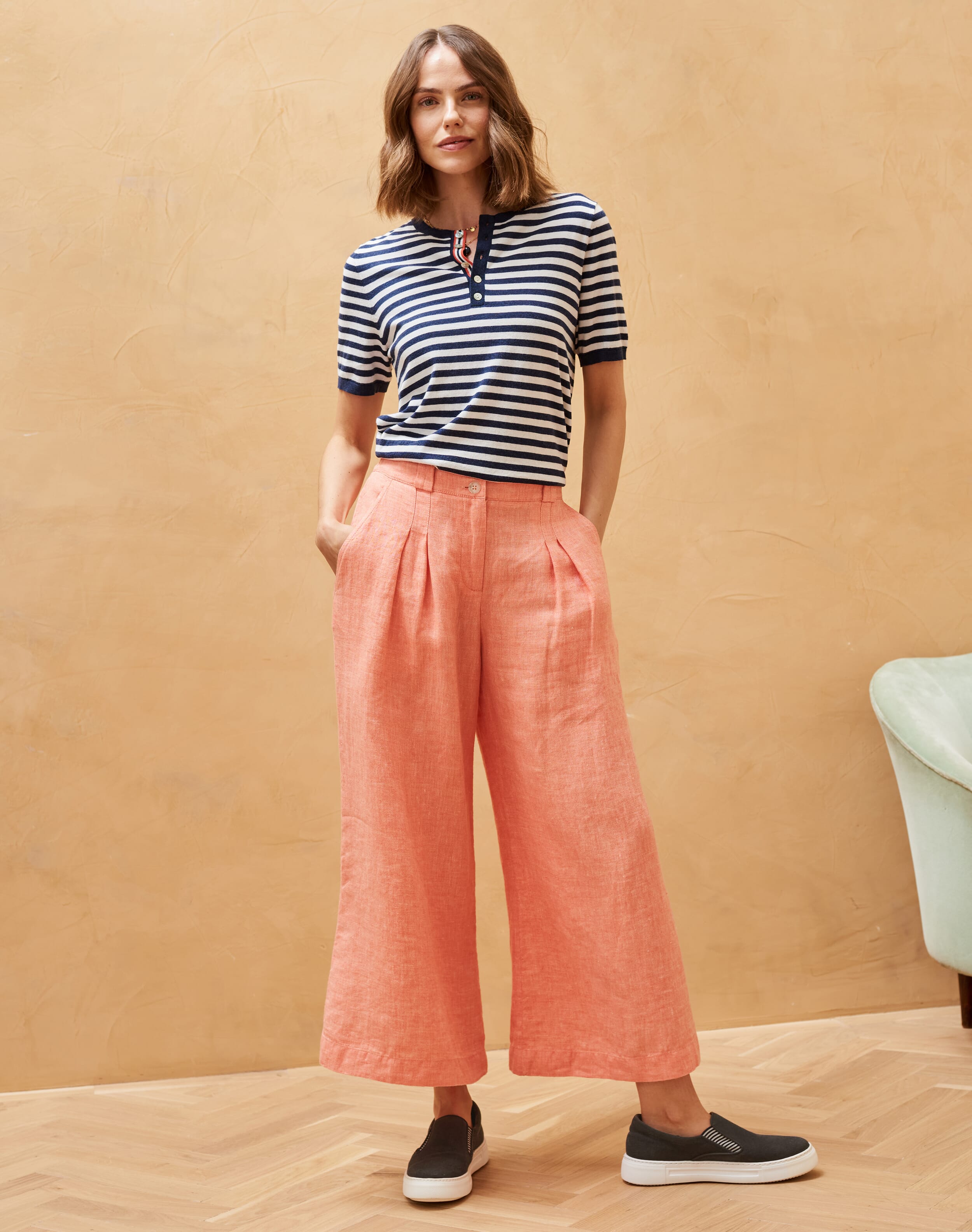 Brora Herringbone Weave Linen Culottes Coral