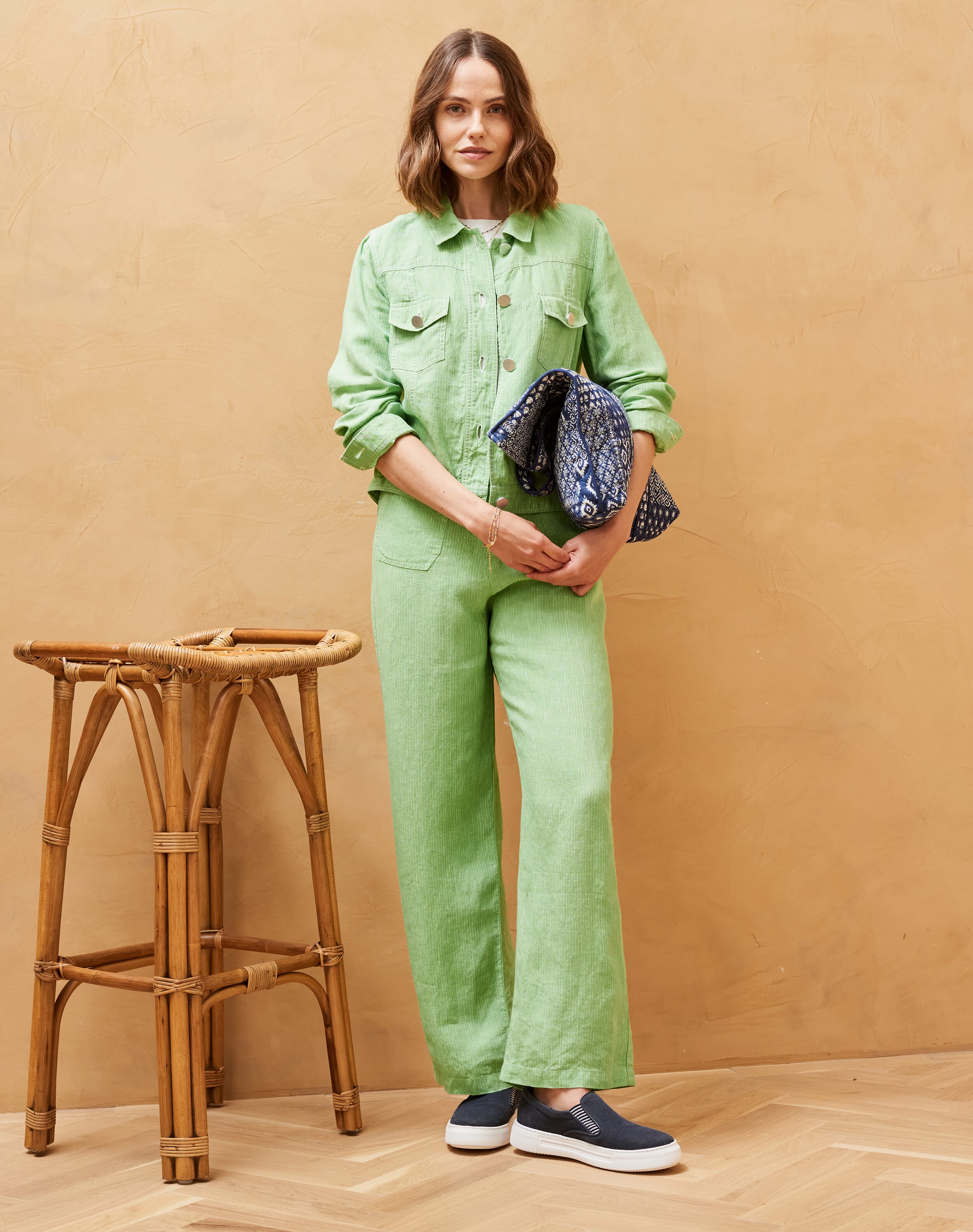 Brora Textured Stripe Linen Trousers Apple