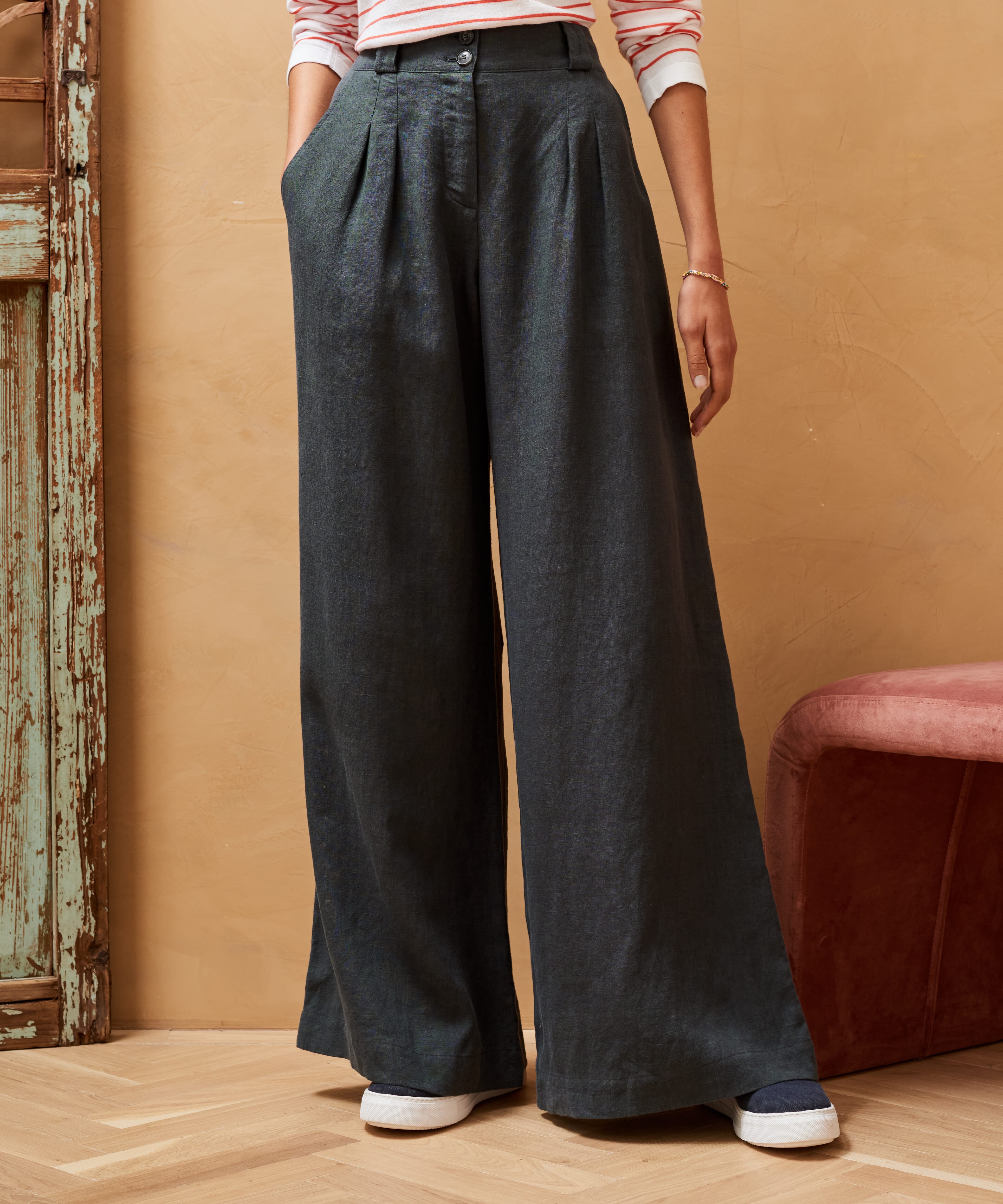 Black Wide-leg Linen Trousers 17310