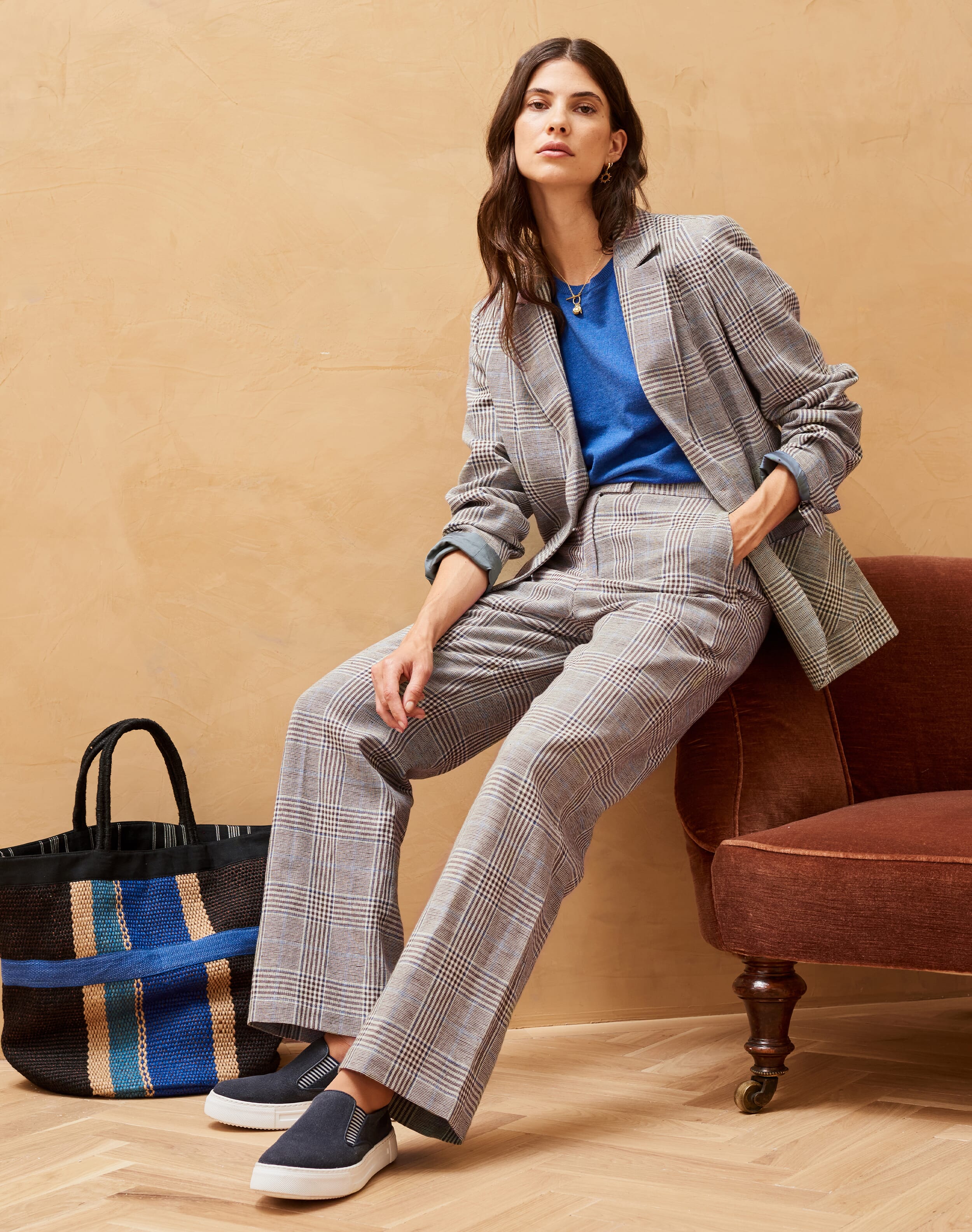 Brora Cotton Linen Check Trousers Otter Sky