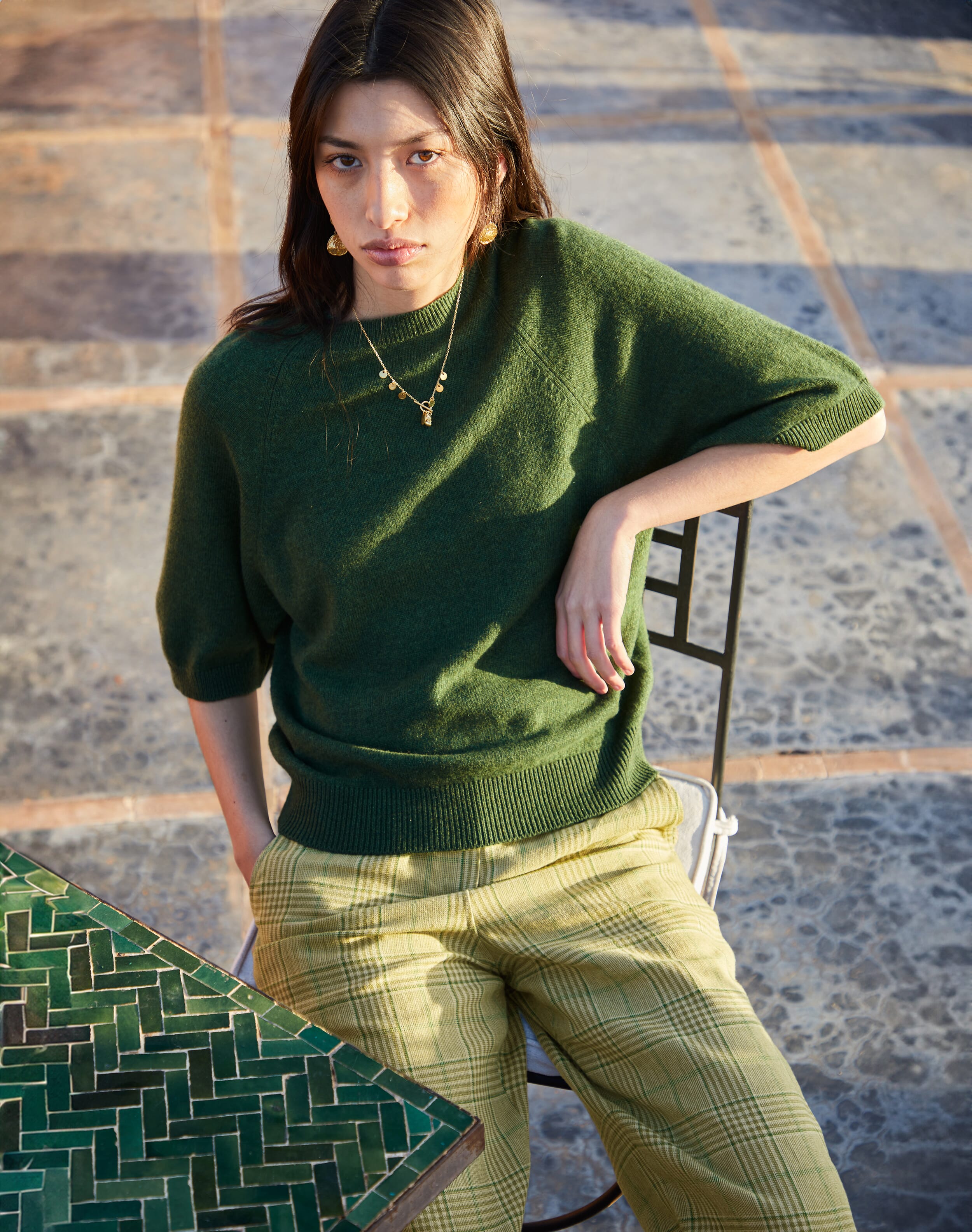 Brora Cotton Linen Check Trousers Celery