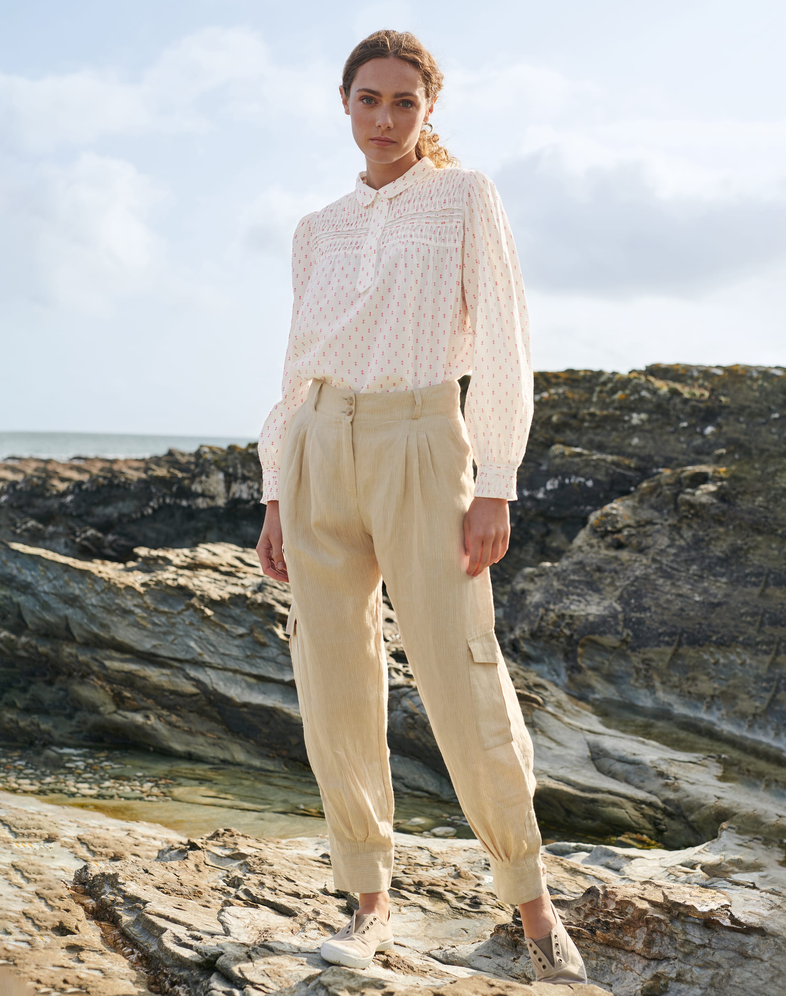 Textured Stripe Linen Cargo Trousers Natural