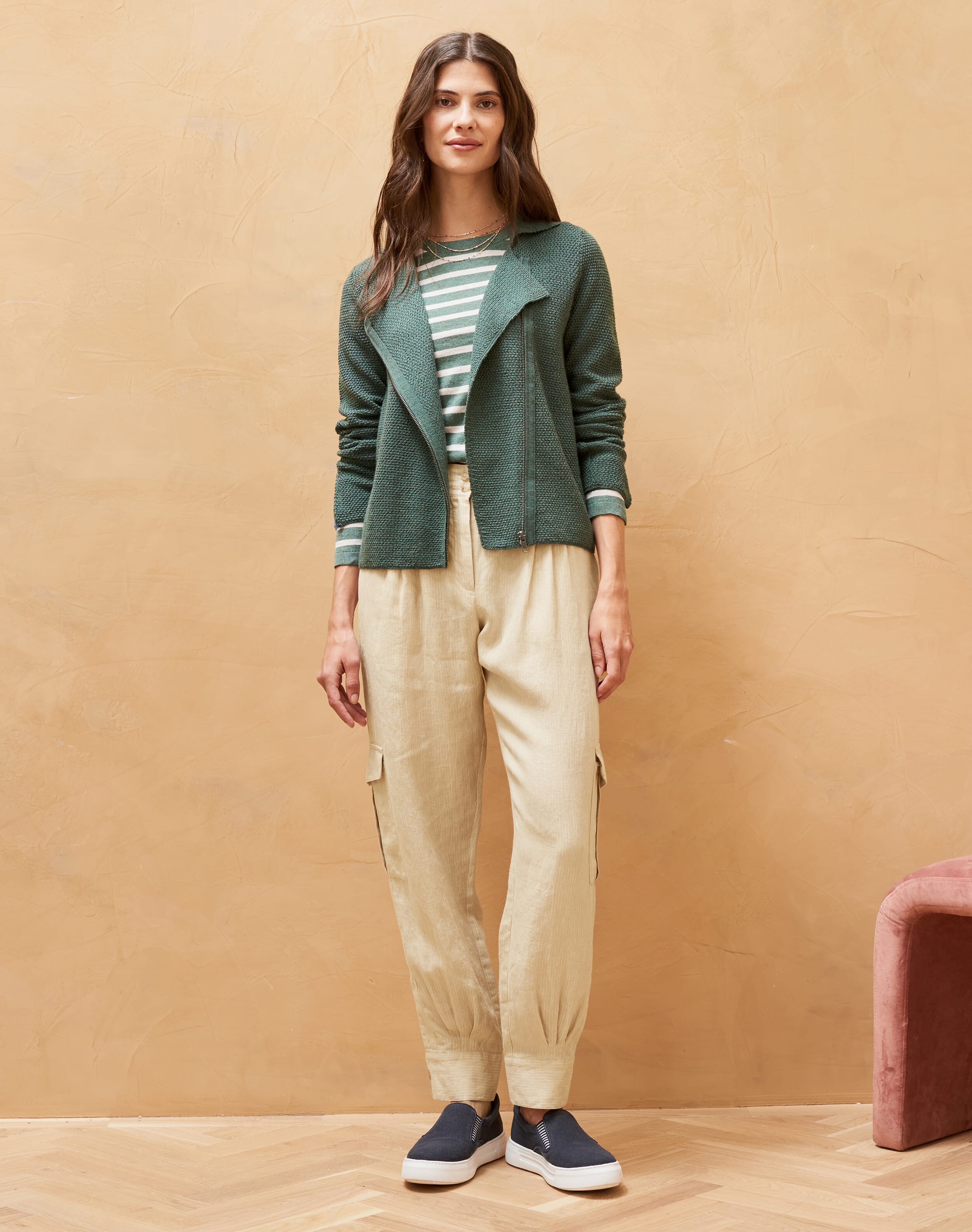 Brora Textured Stripe Linen Cargo Trousers Natural