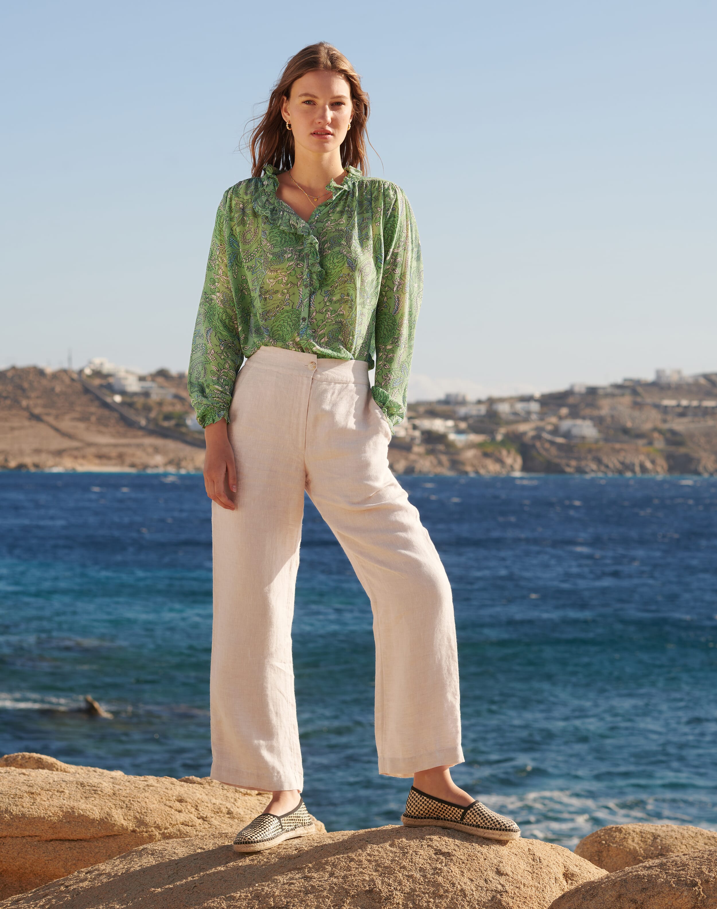 Brora Herringbone Linen Pull On Trousers Stone