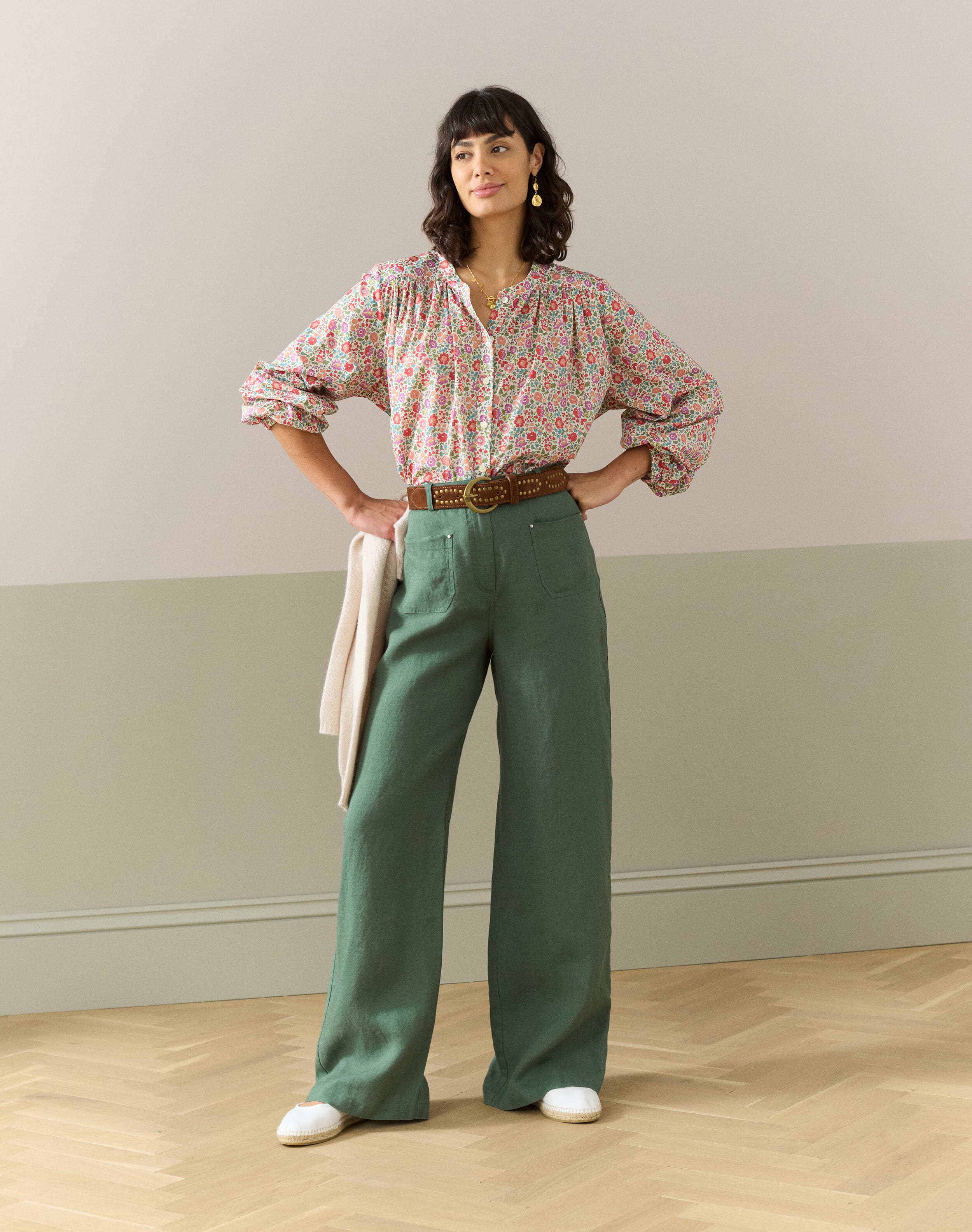 Brora Linen High Waisted Trousers Verdigris
