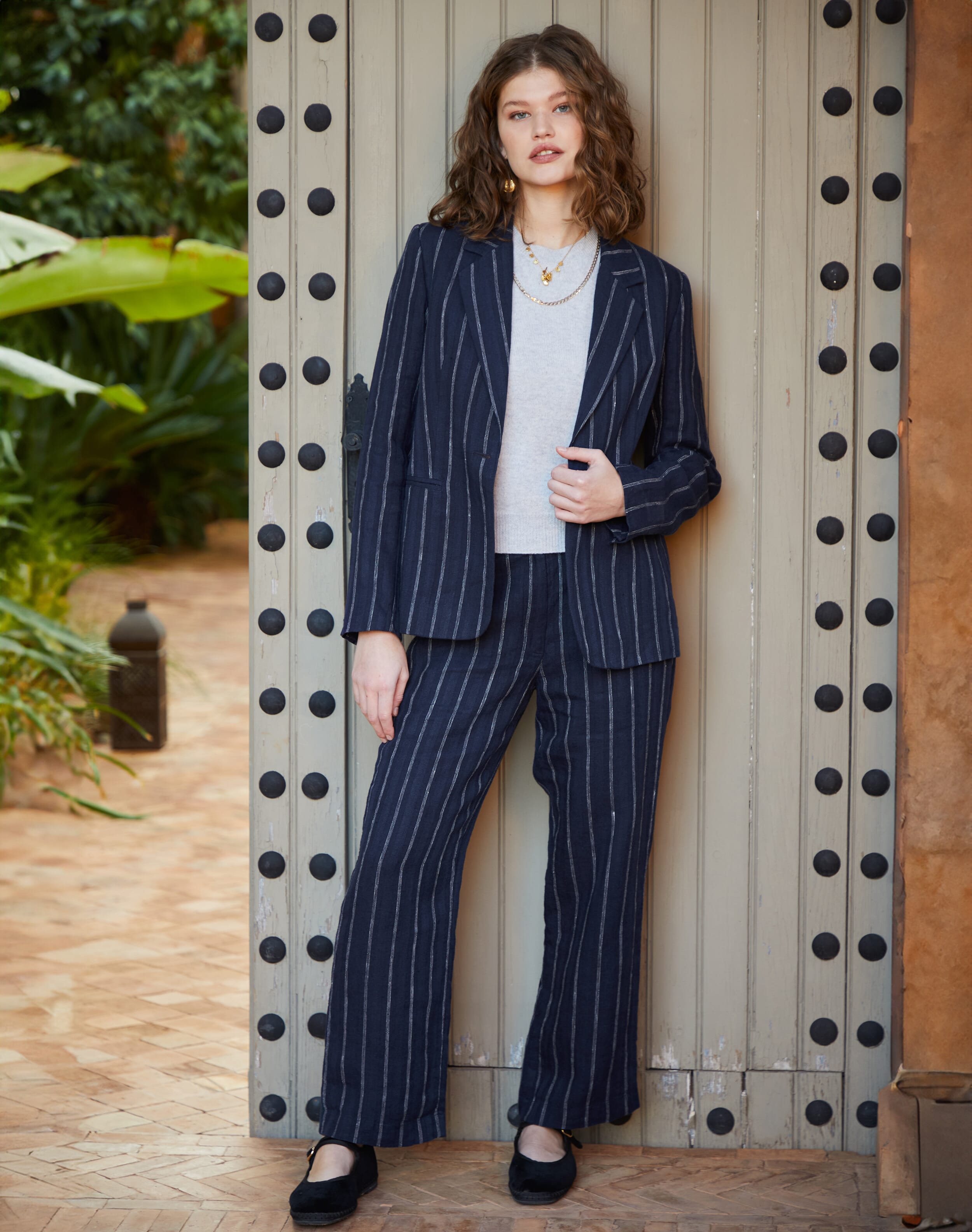 Brora Stripe Linen Pull On Trousers Navy
