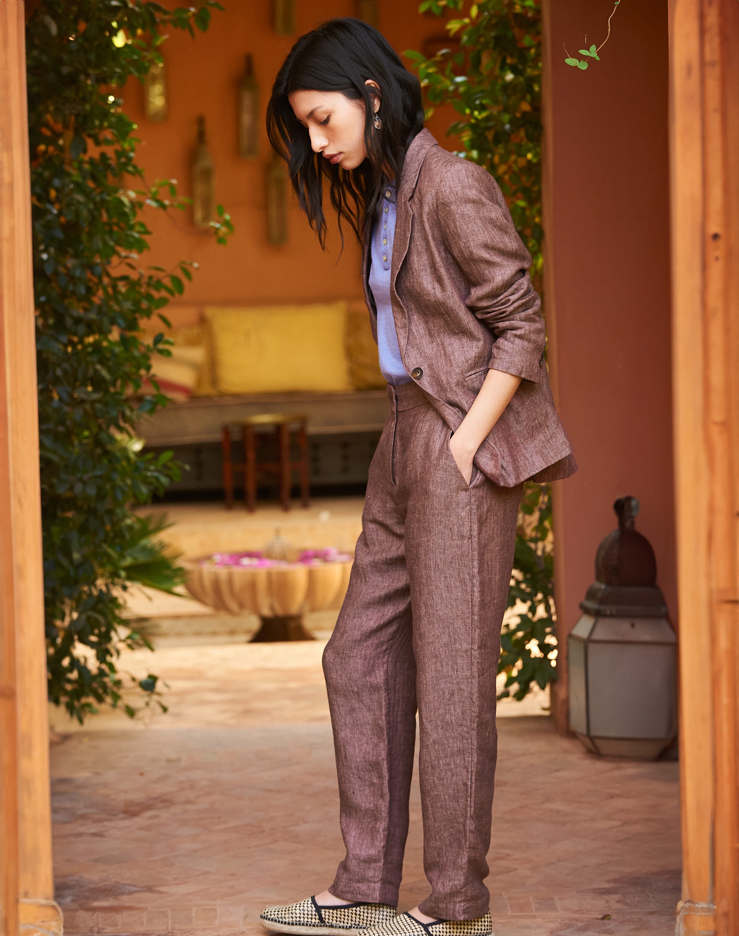 Brora Herringbone Linen Trousers Malt  - Size: 18