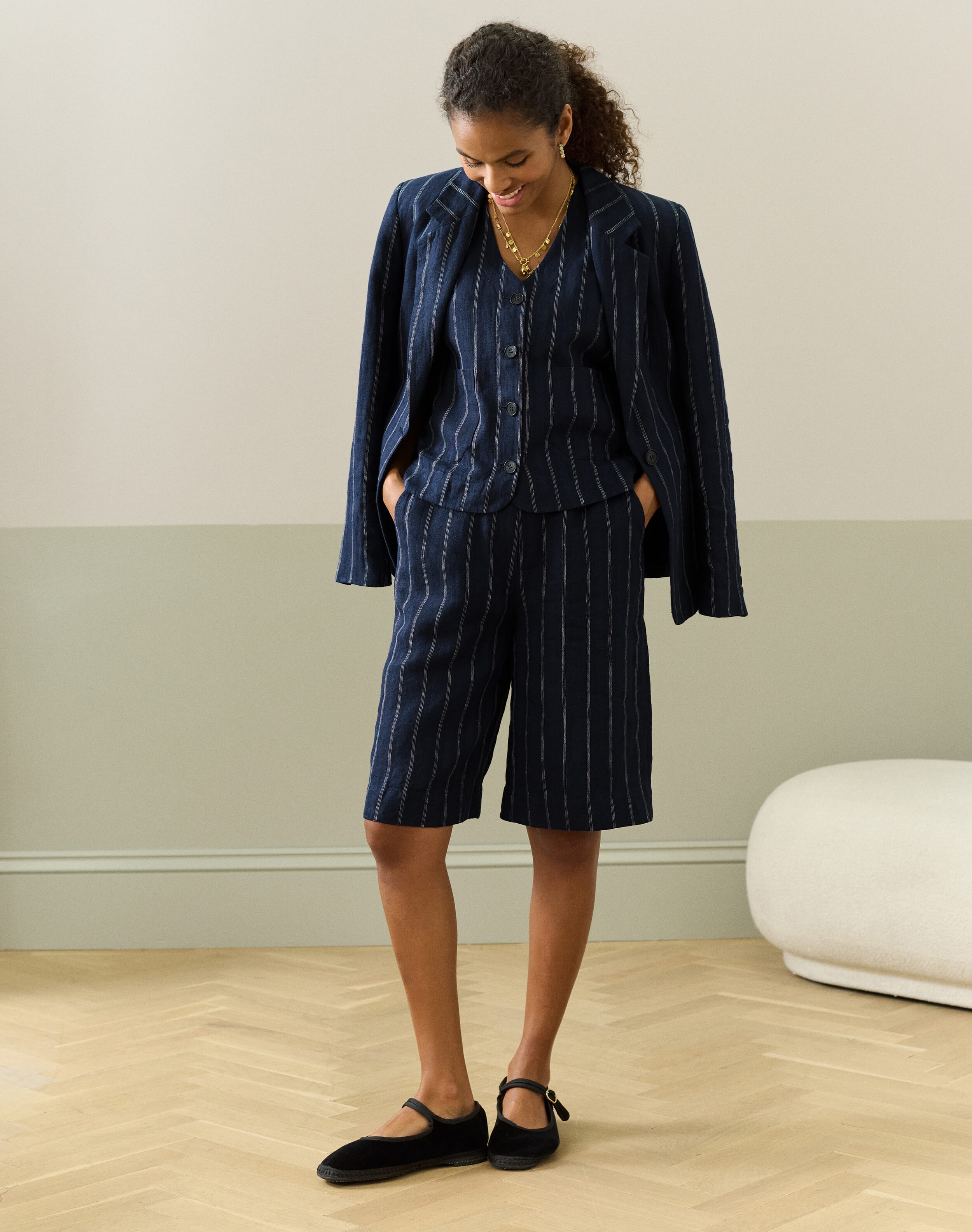 Brora Stripe Linen Shorts Navy