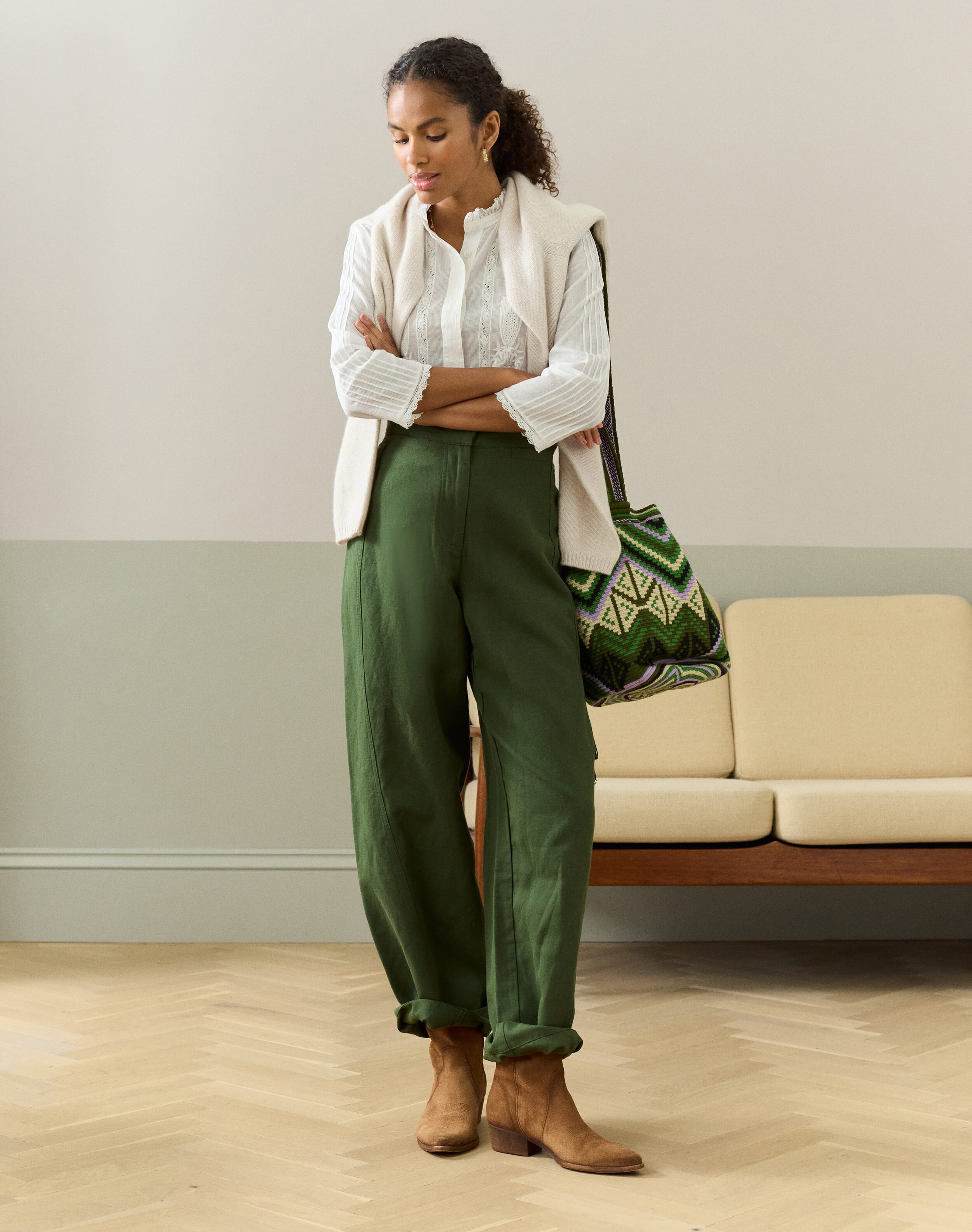 Brora Cotton Linen High Waisted Trousers Seaweed