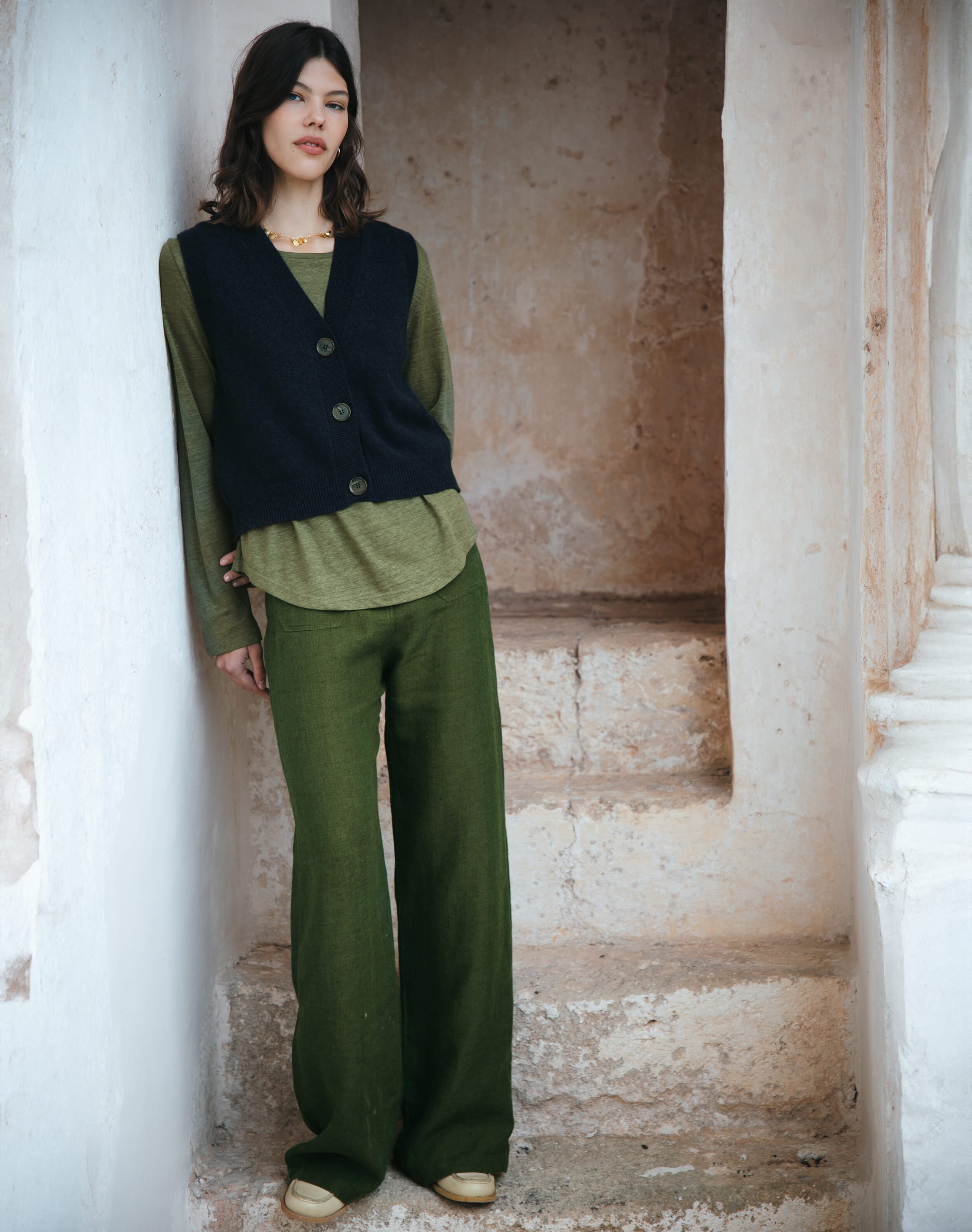 Brora Herringbone Linen Trousers Kelp  - Size: 6