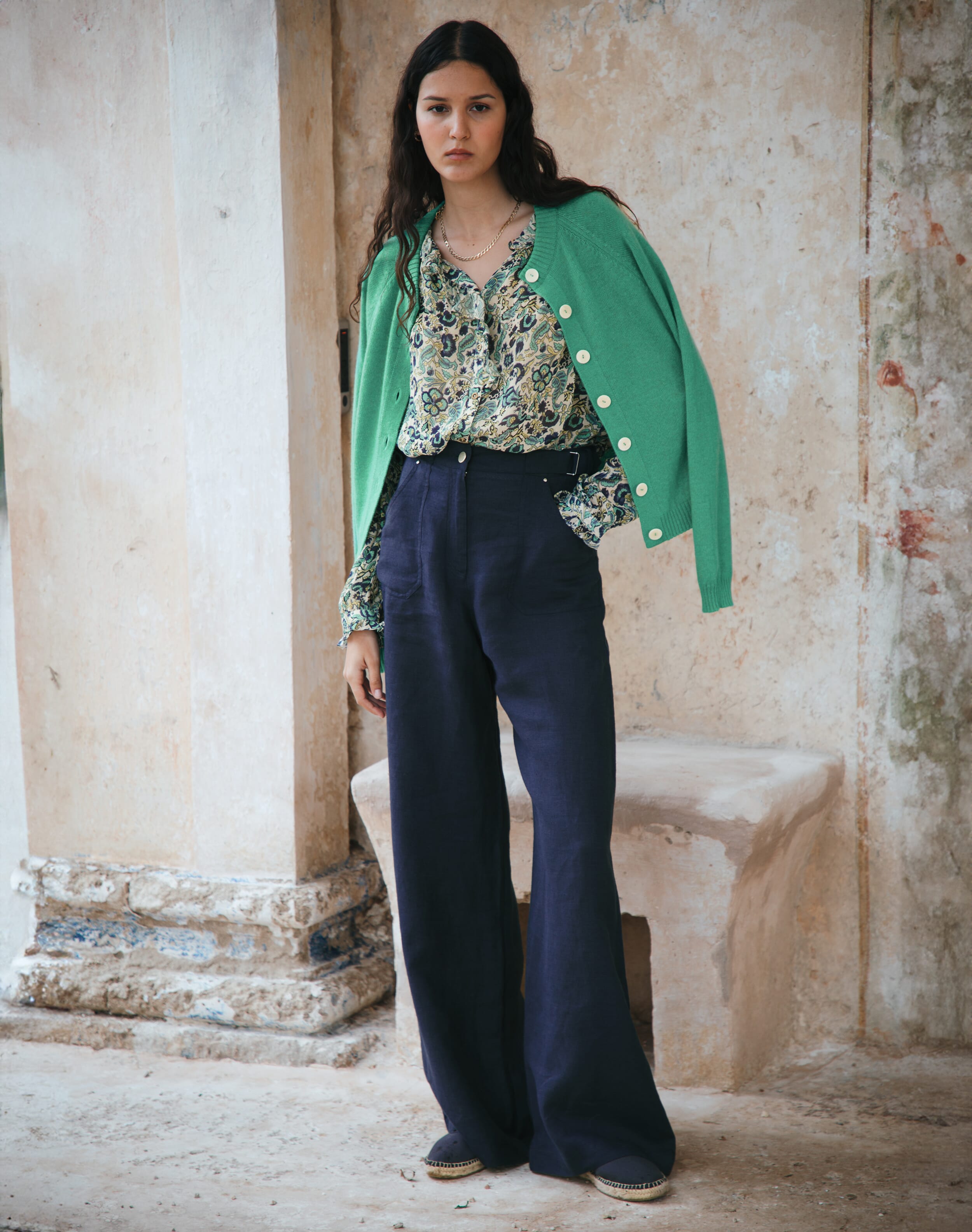 Brora Washed Linen Wide Leg Trousers Navy  - Size: 10