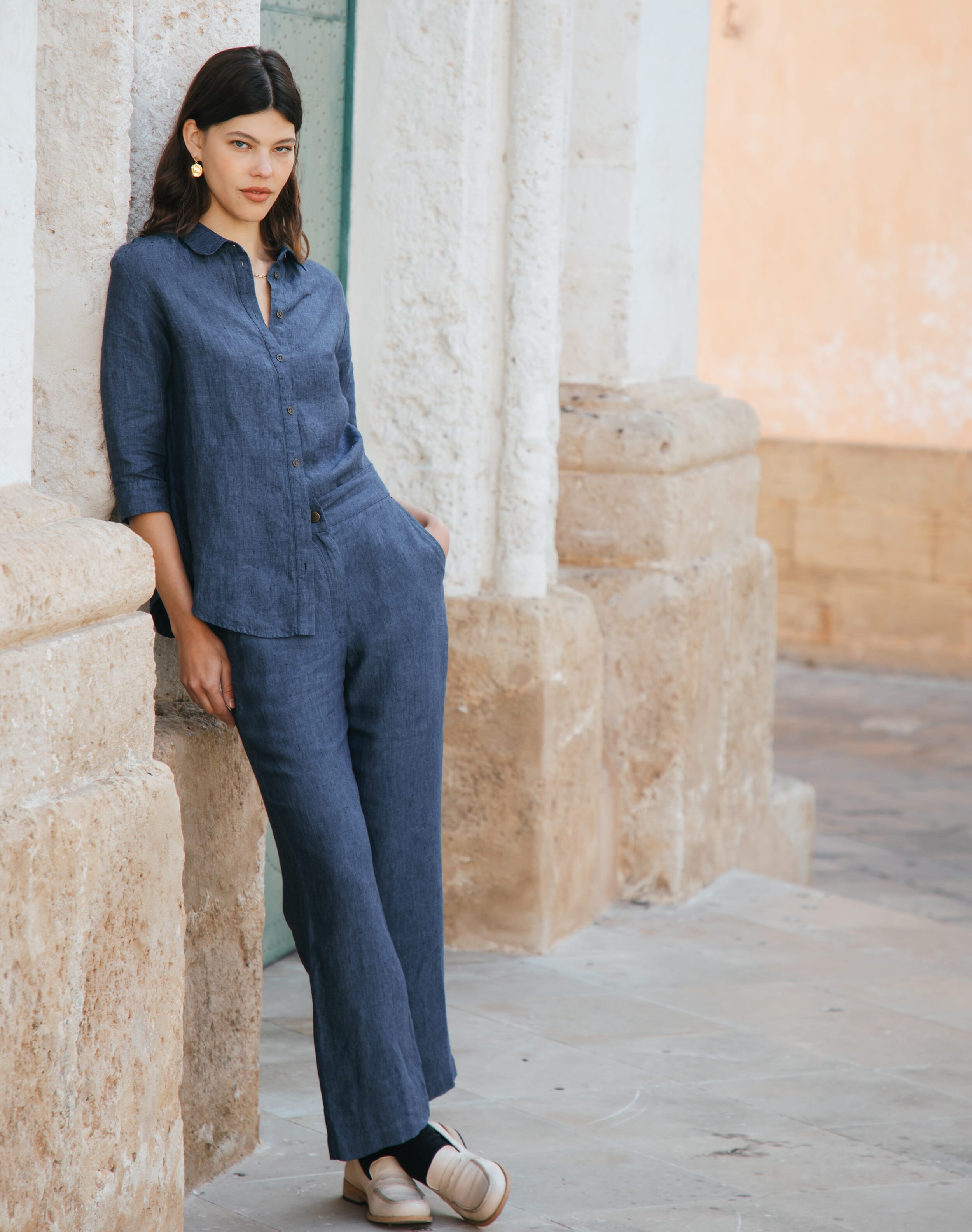 Brora Cross Weave Linen Pull On Trousers Indigo