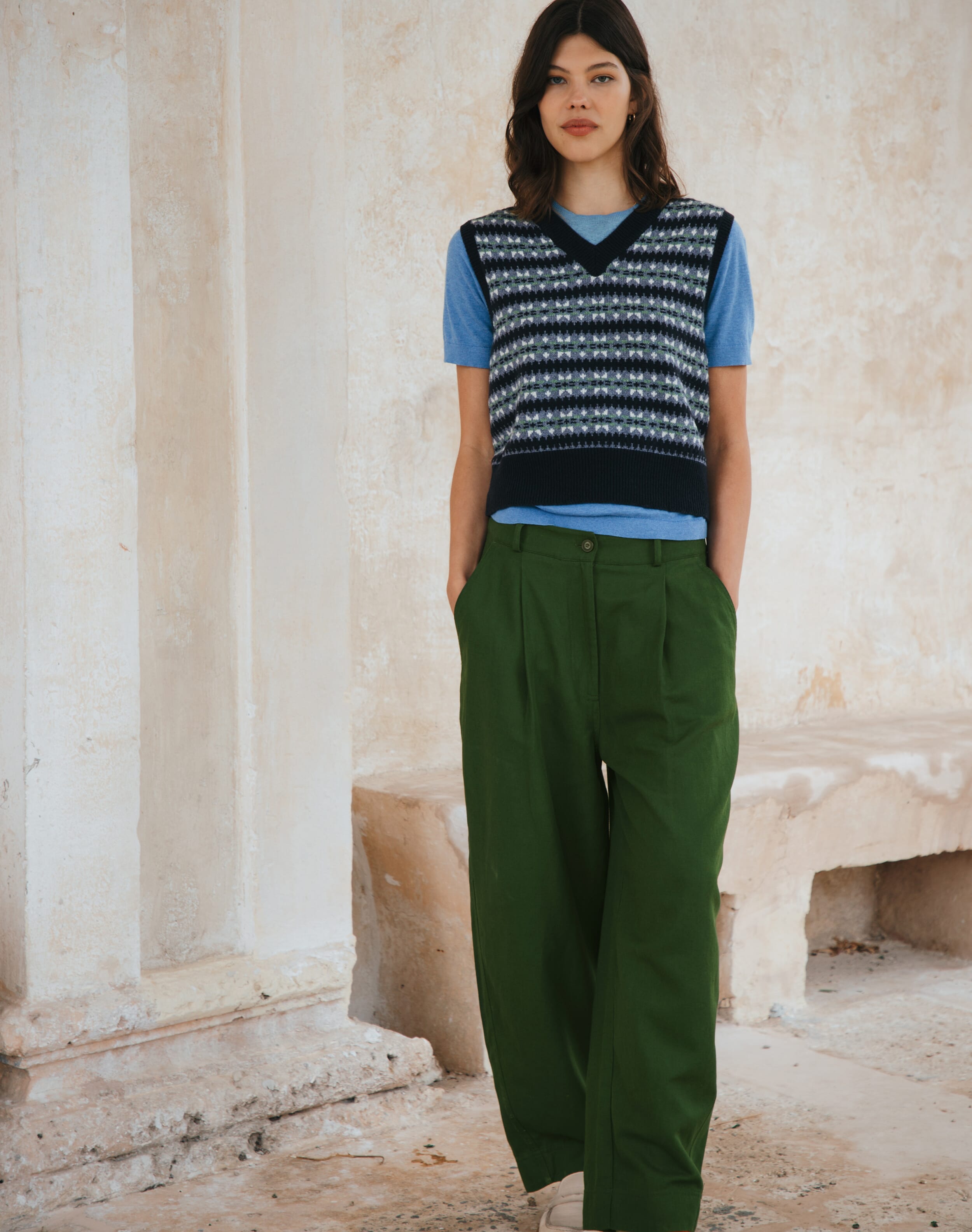 Brora Cotton Linen Trousers Khaki  - Size: 12