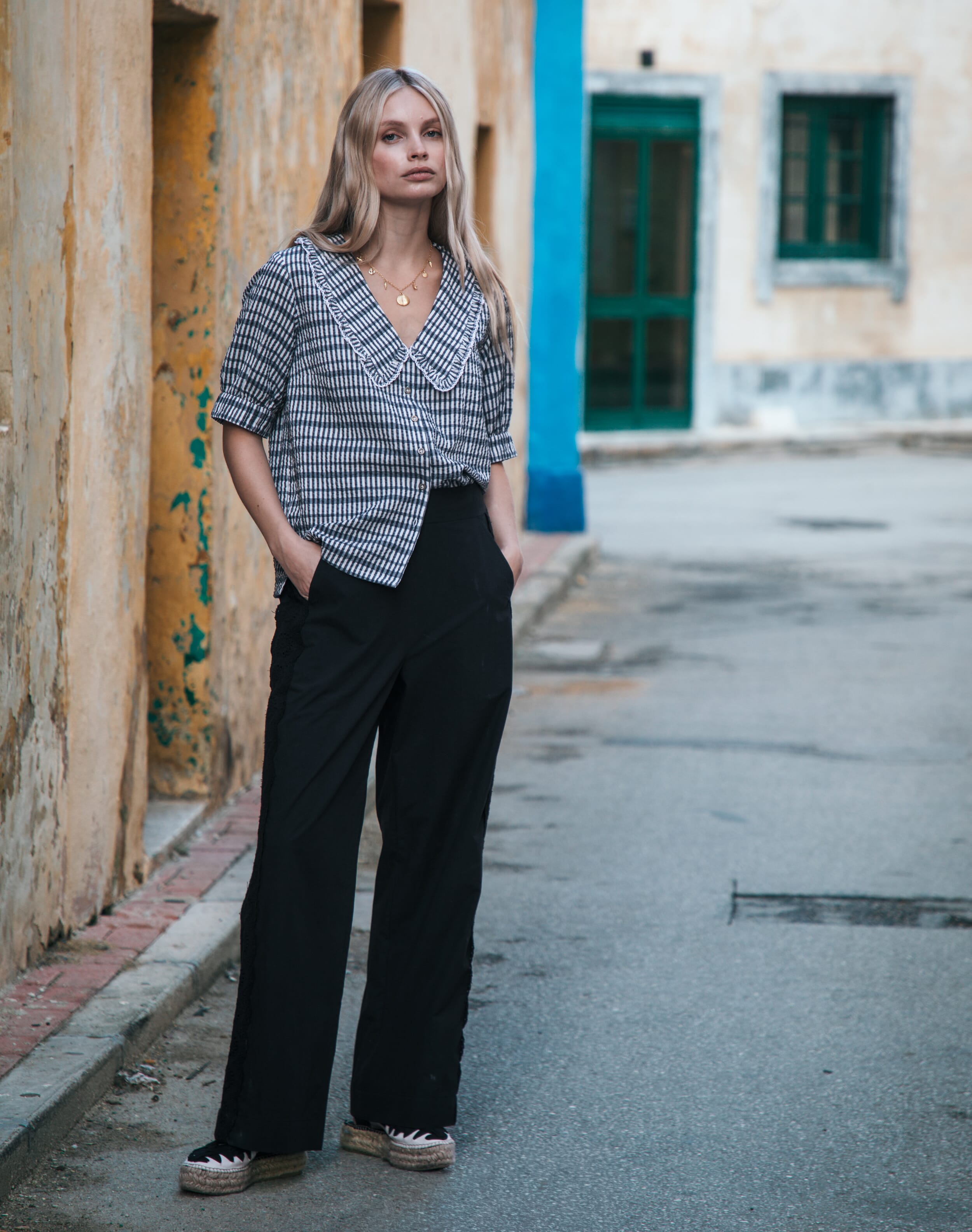 Brora Cotton Lace Trim Trousers Black