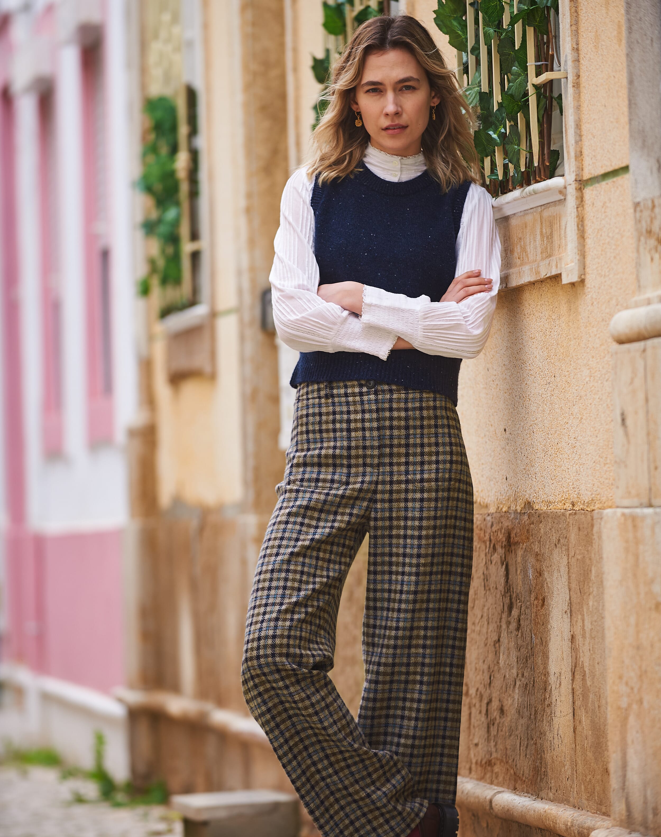 Check Wool Wide Leg Trousers Ash