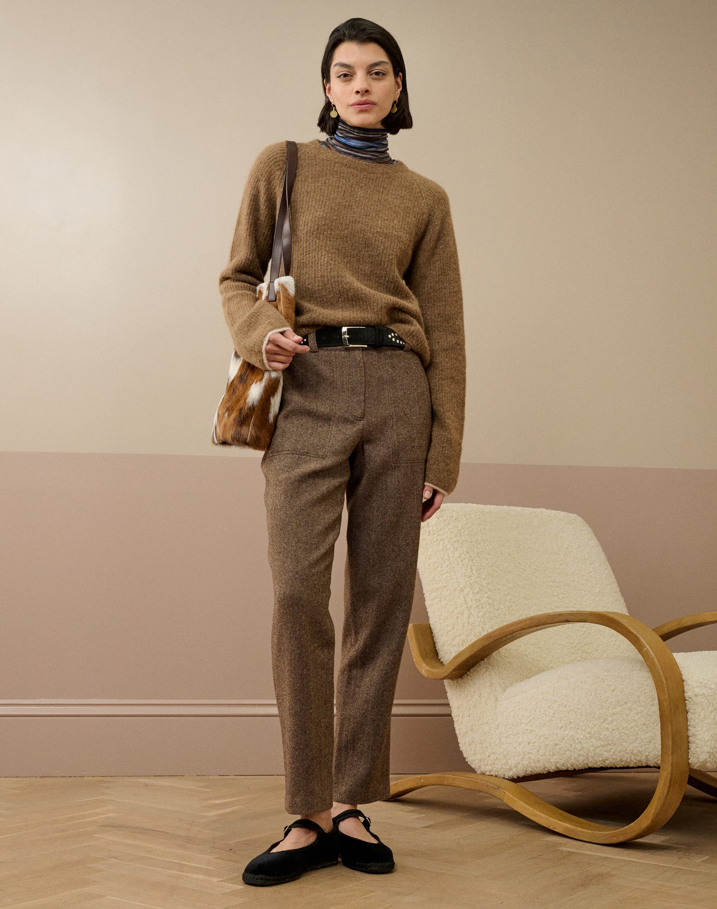 Brora Herringbone Wool Tapered Leg Trousers Chocolate & ash