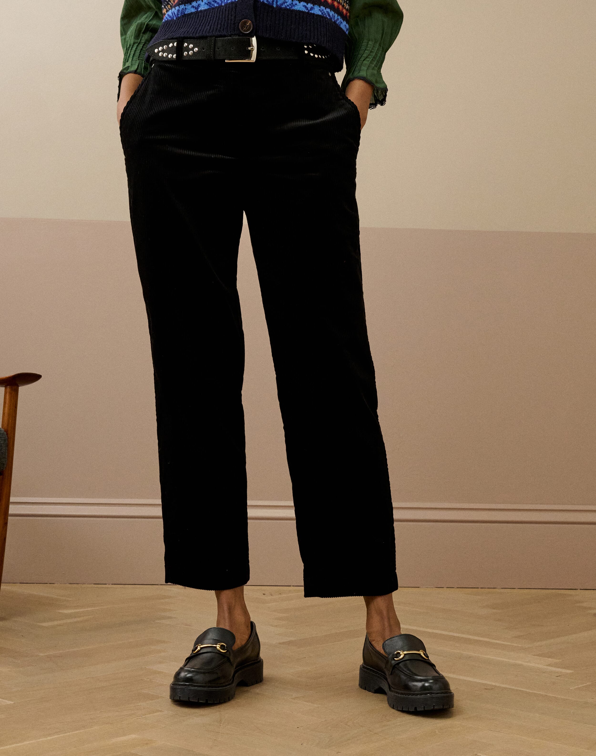 Organic Corduroy Tapered Leg Trousers in Black | Brora Clearance