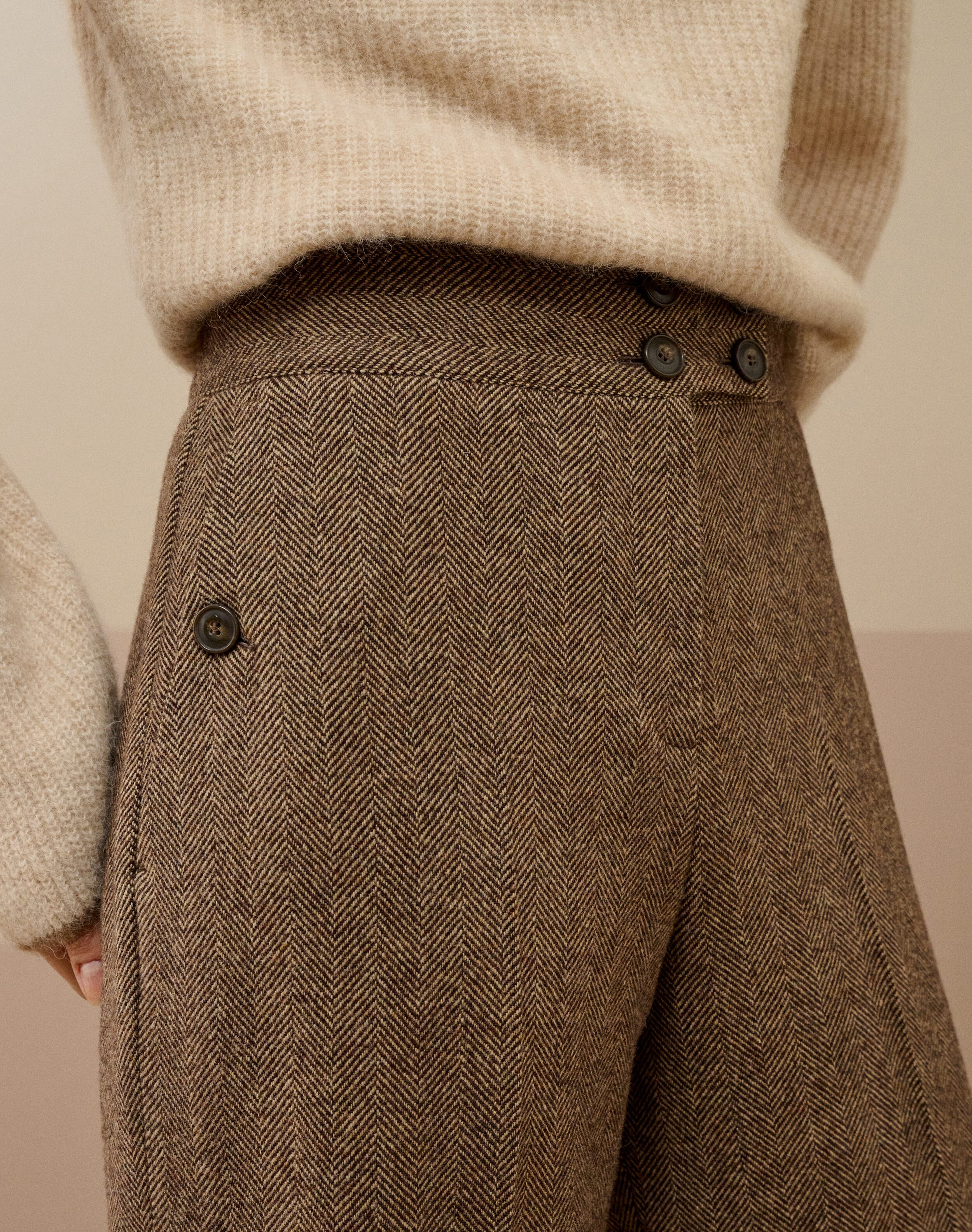 Herringbone Wool High Waisted Trousers in Chocolate | Brora Clearance