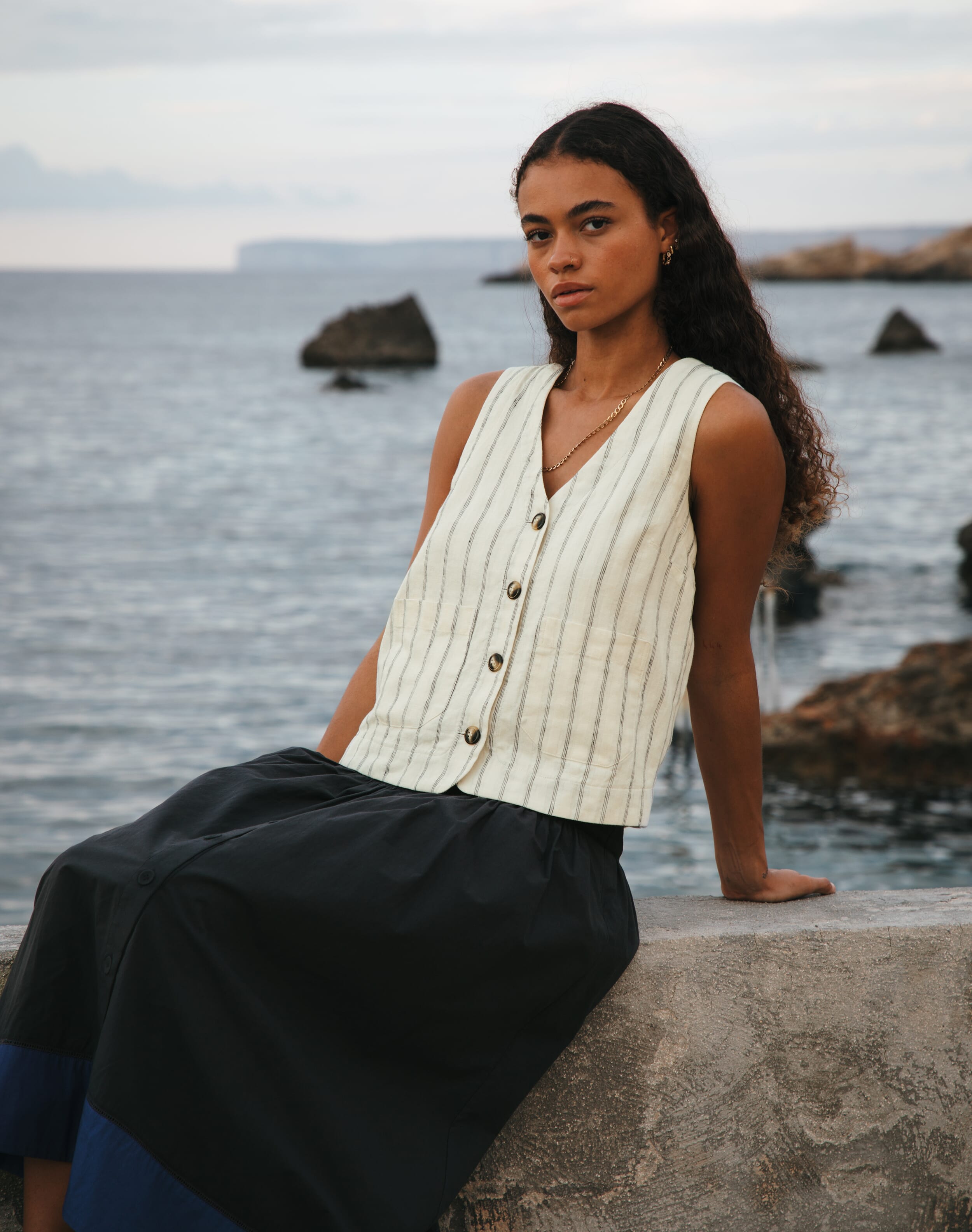 Stripe Linen Waistcoat in Ivory & Navy | Brora Sale