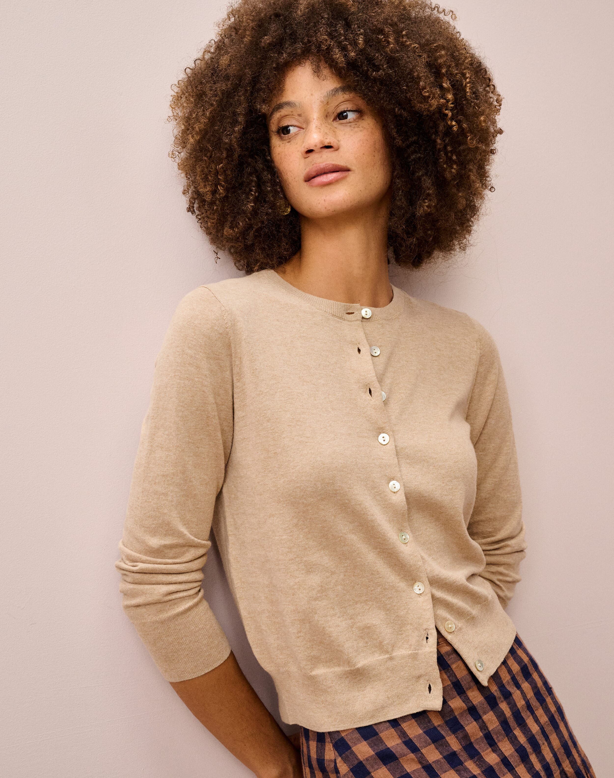 Brora Cotton Knit Cardigan Sand  - Size: 14