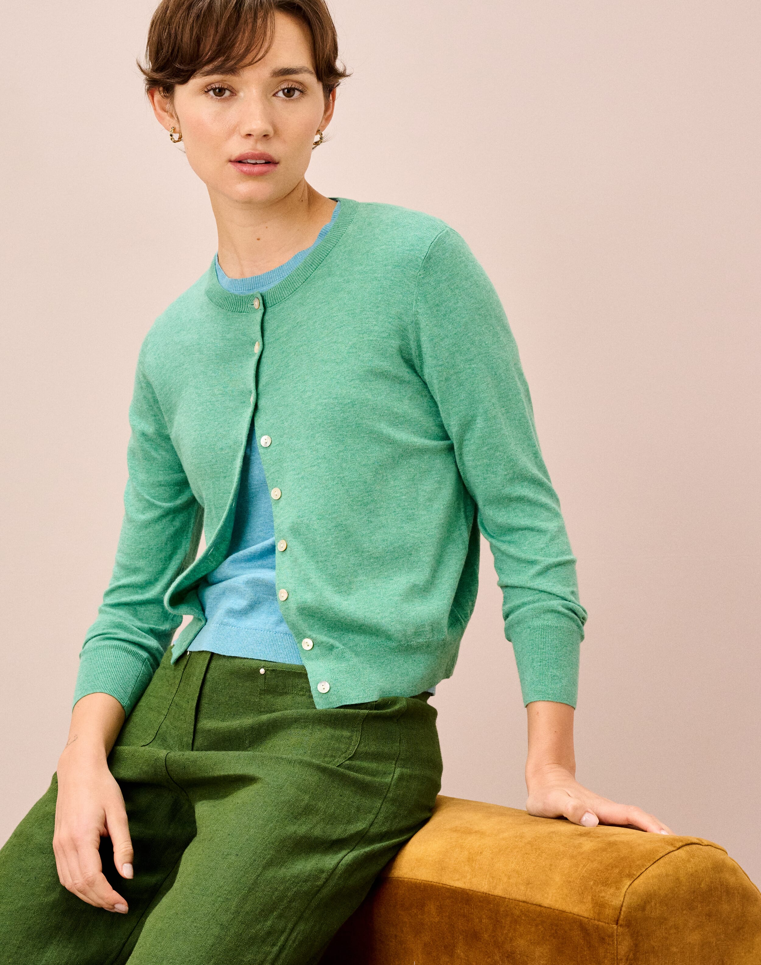 Brora Cotton Knit Cardigan Jade  - Size: 14