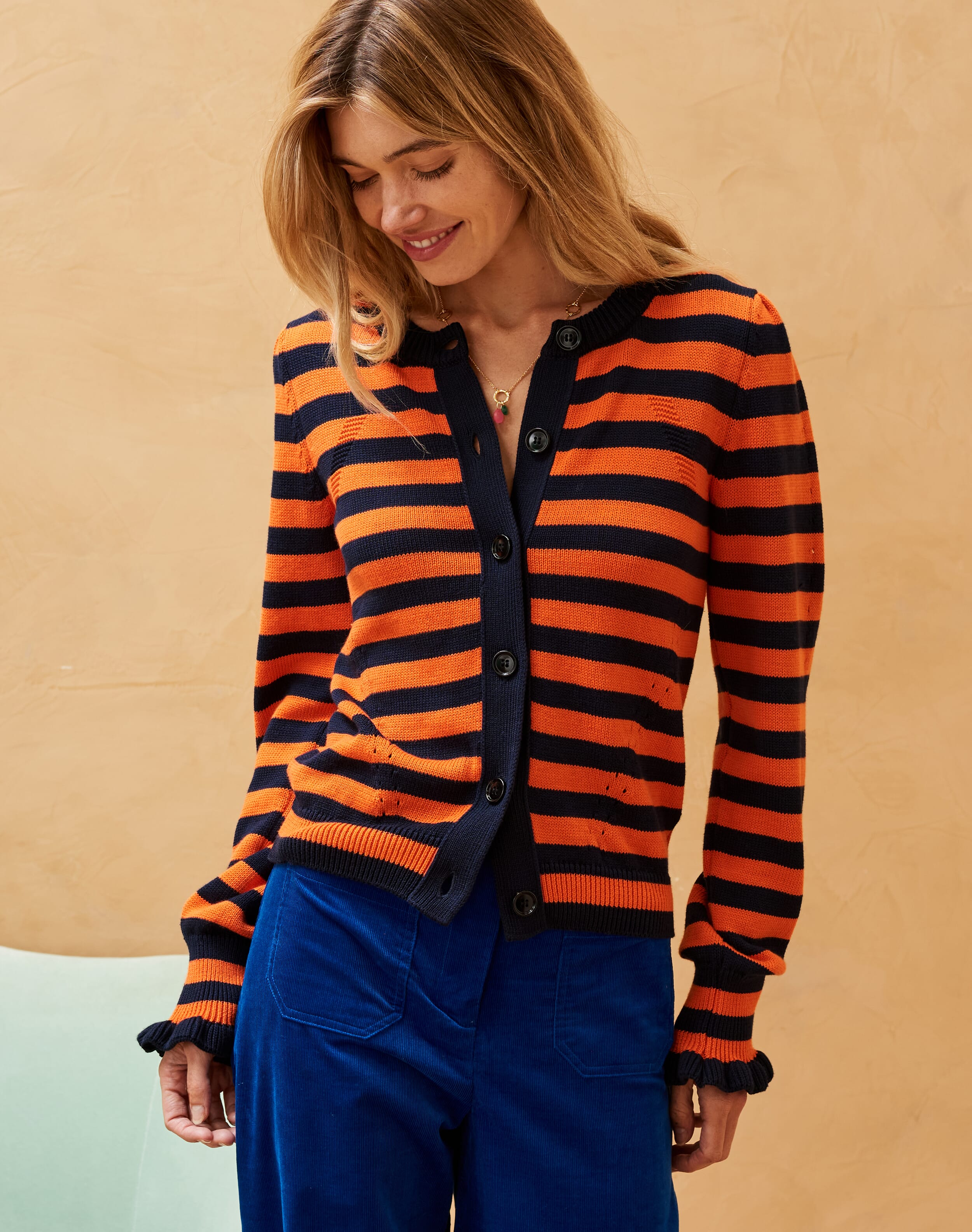 Orange Cotton Stripe Cardigan Women's Cardigans Brora Fashion