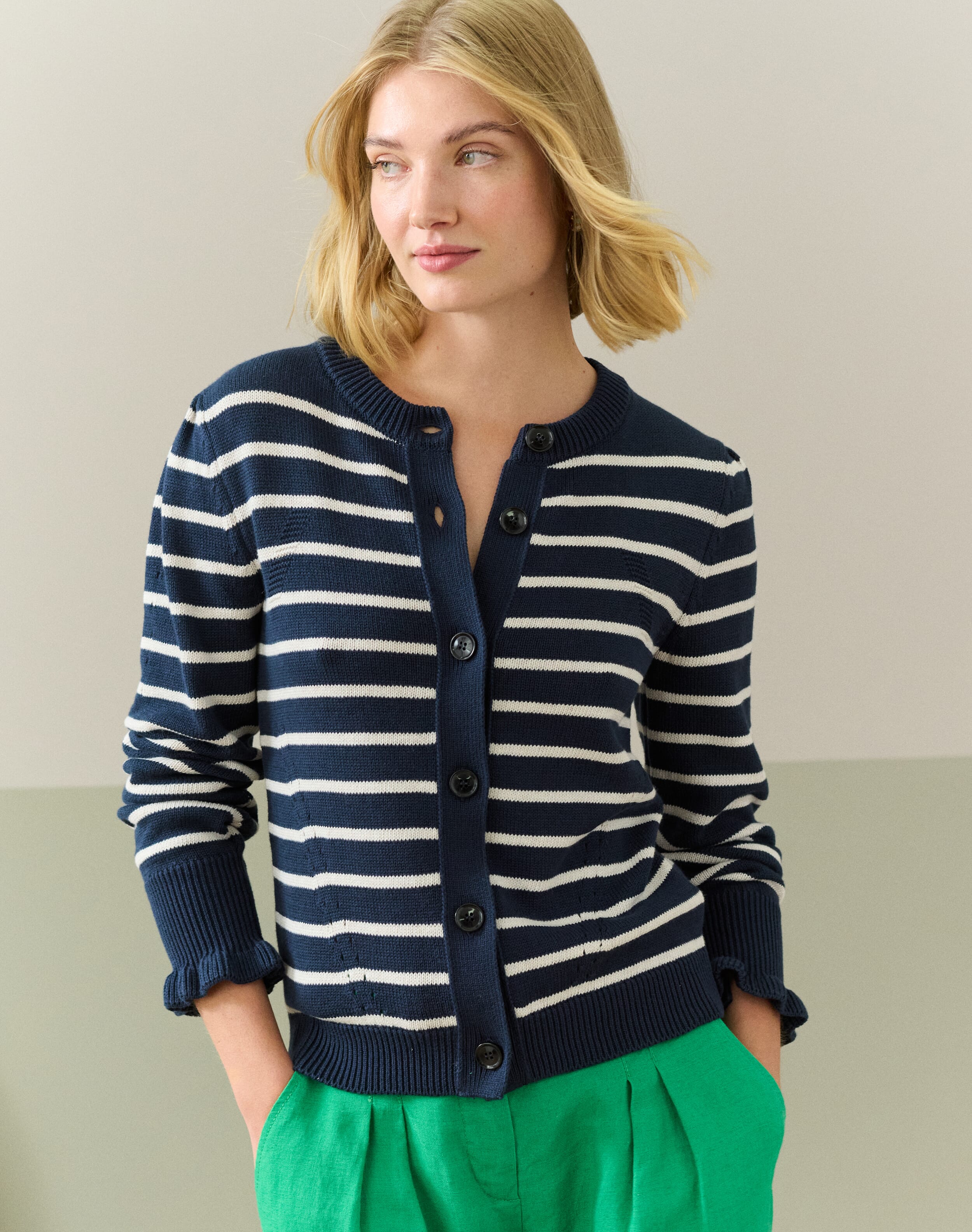 Brora Cotton Knit Stripe Cardigan Navy & ecru