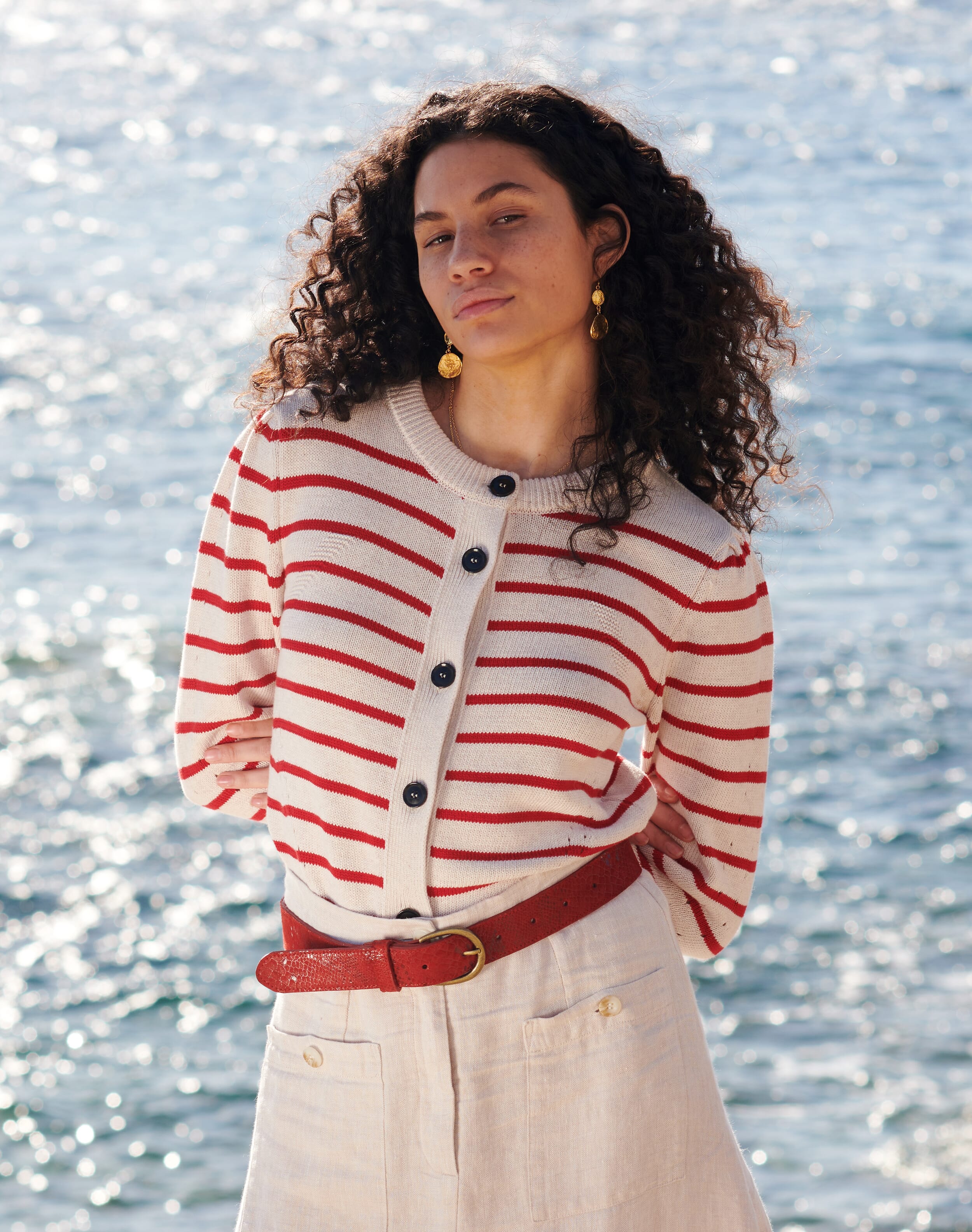 Brora Cotton Knit Stripe Cardigan Ecru & poppy