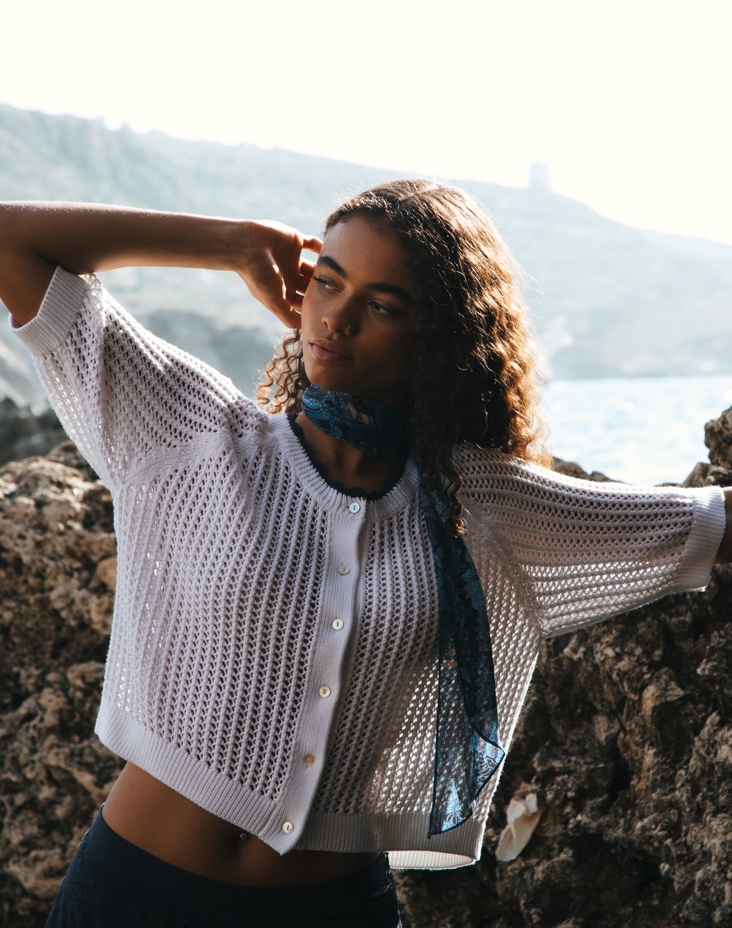 Cotton Knit Crochet Cardigan in White | Brora Sale
