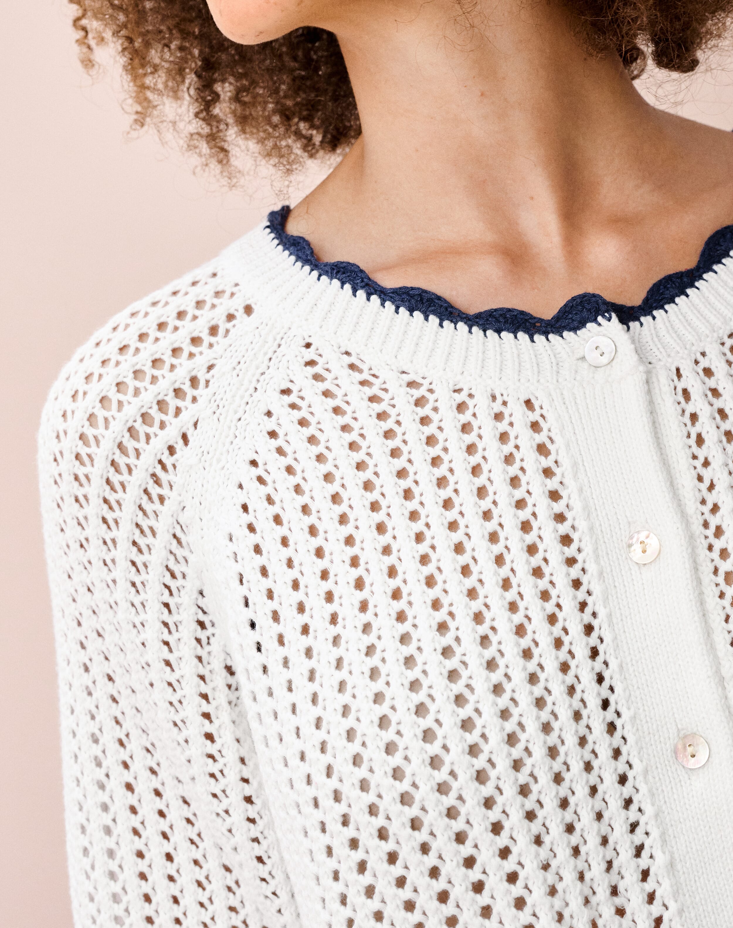 Cotton Knit Crochet Cardigan in White | Brora Womenswear
