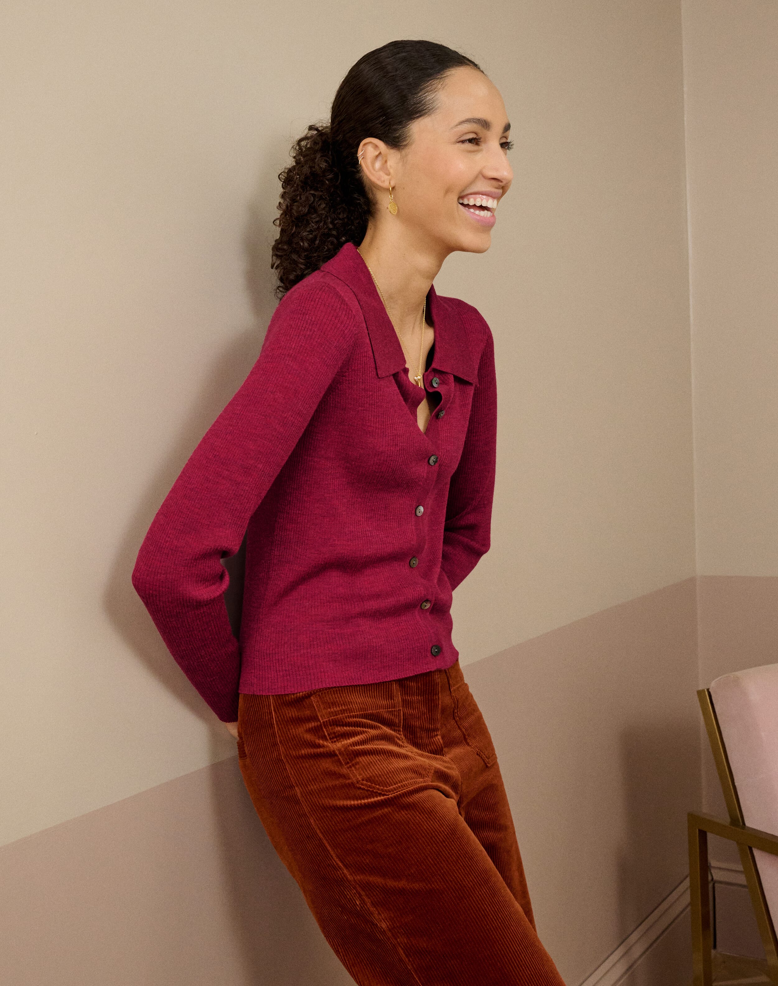 Merino Collared Cardigan in Raspberry | Brora Clearance