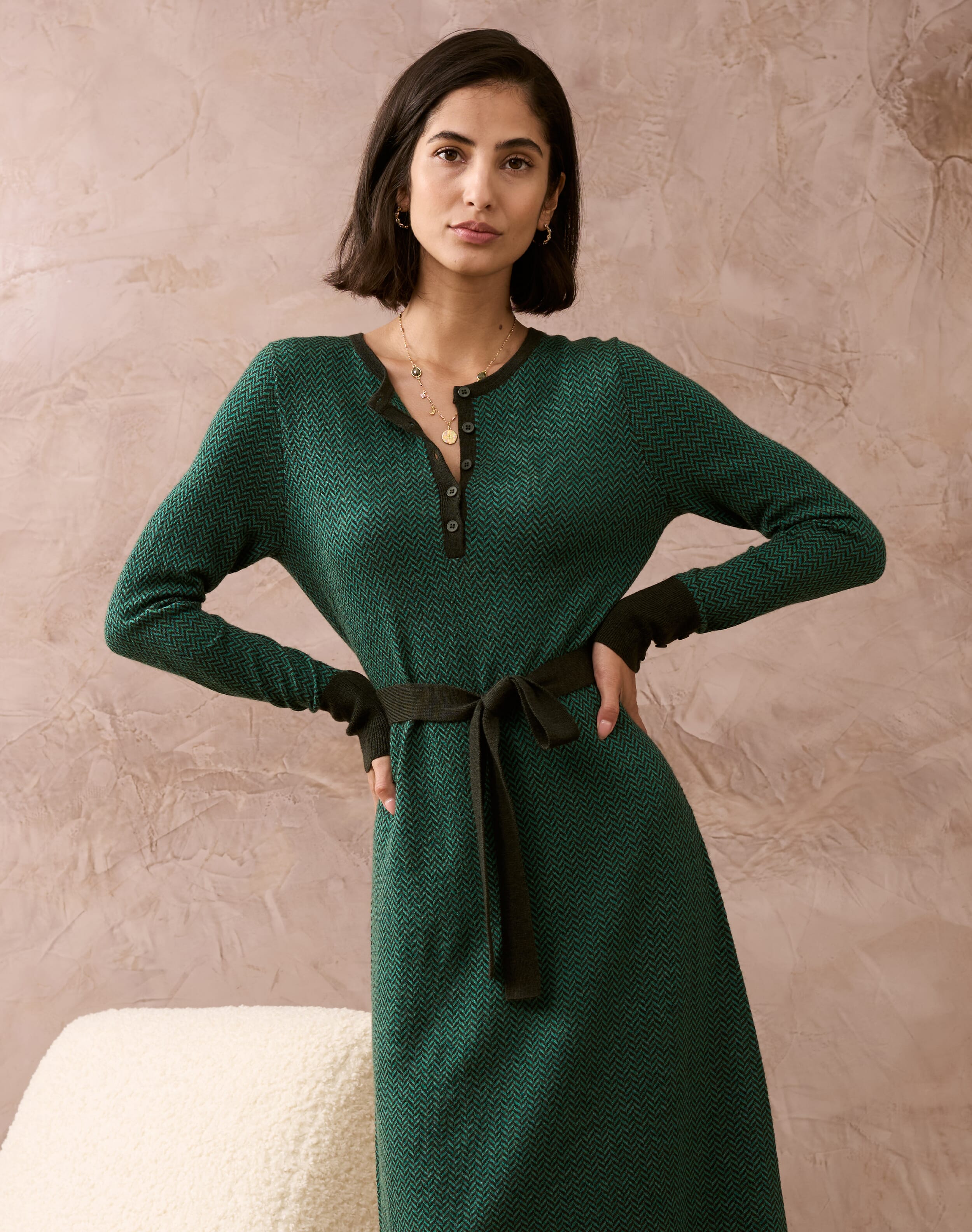 Brora Merino Herringbone Knit Dress Sorrel malachite