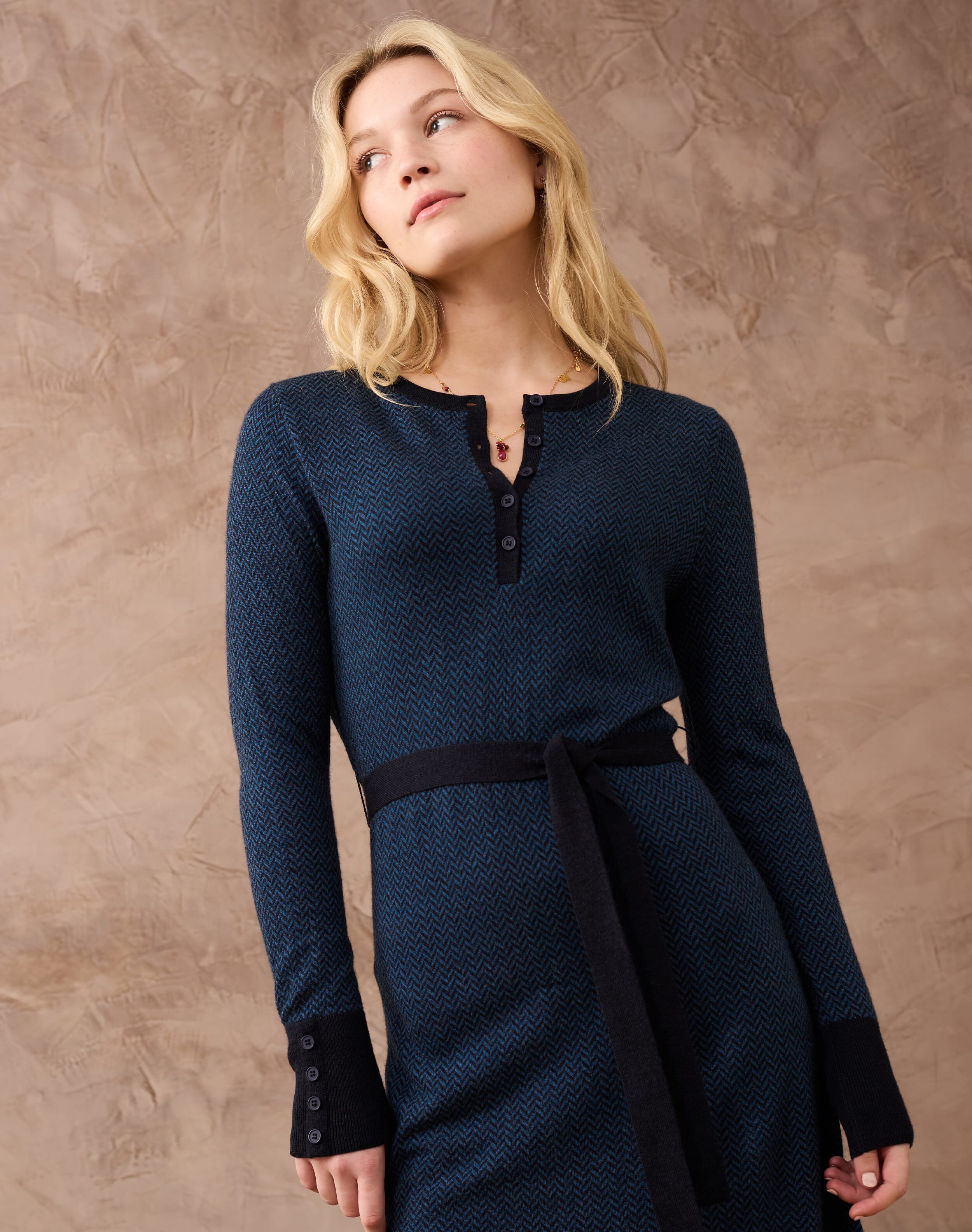 Merino Herringbone Knit Dress Dark peacock