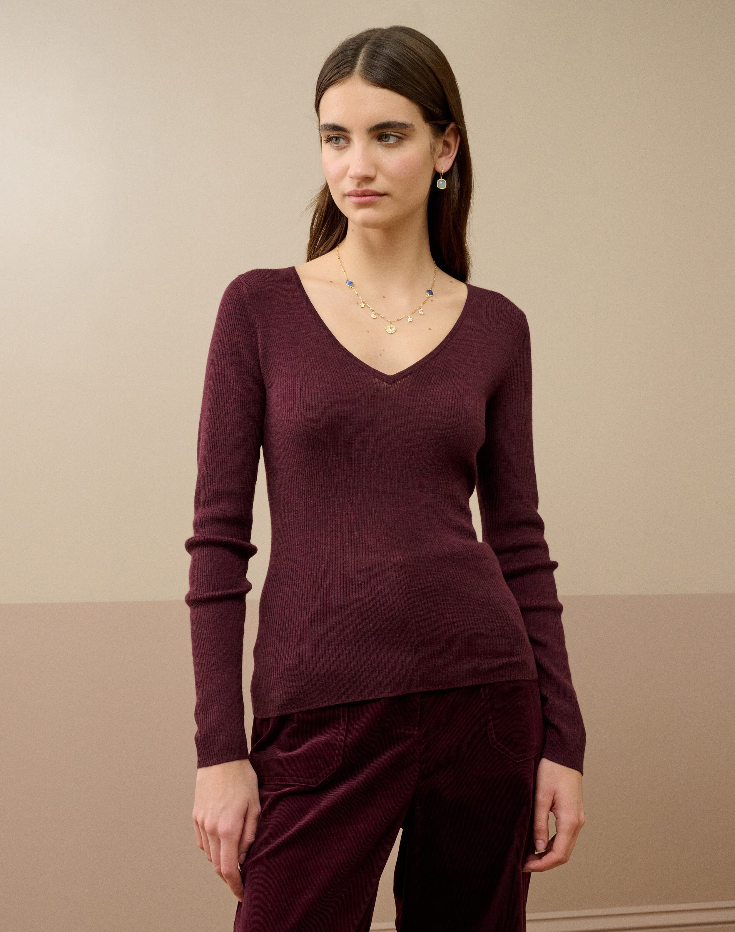 Brora Merino Ribbed V Neck Jumper Damson