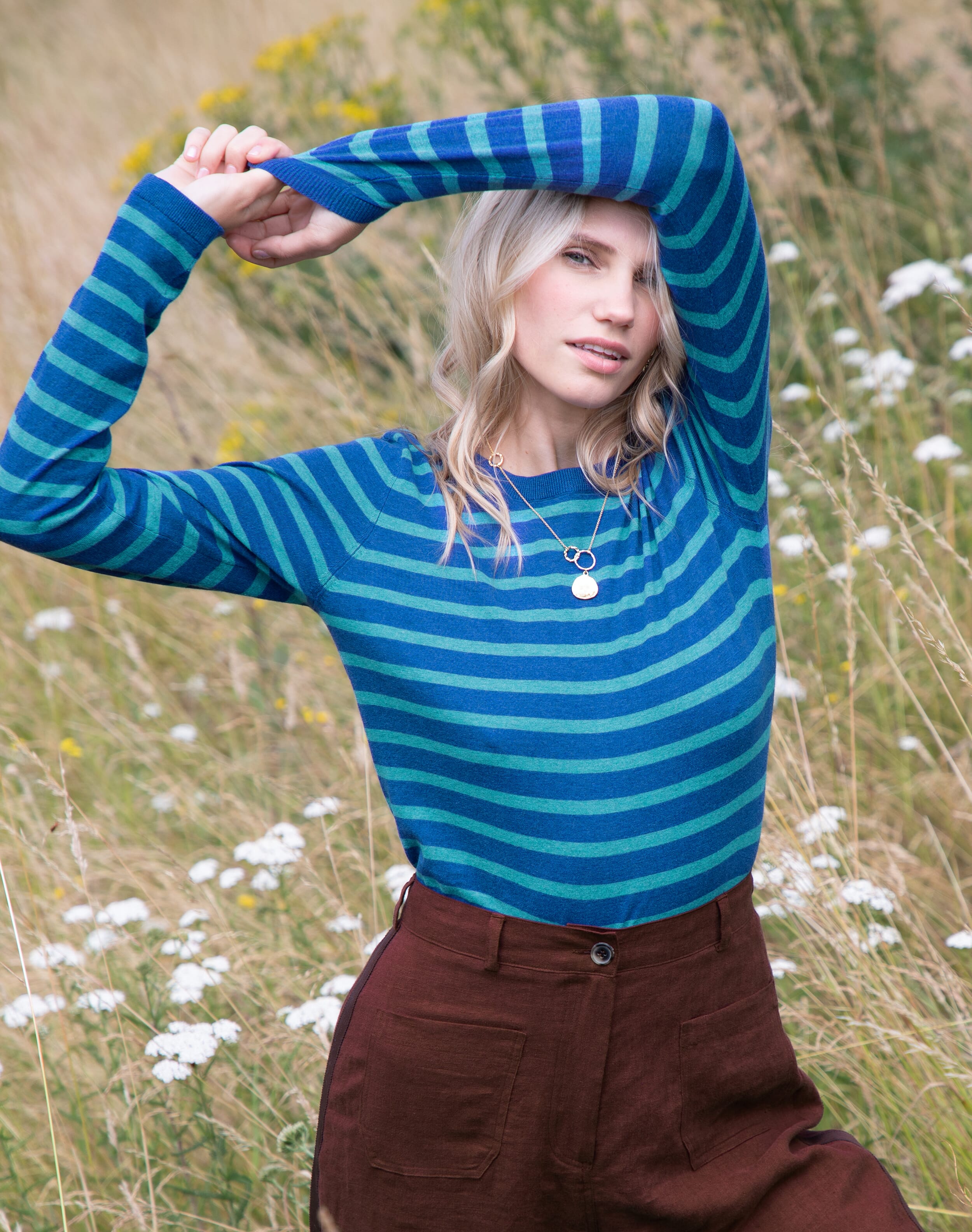 A-line Top in cotton teal blue stripes with mirrorwork at neckline
