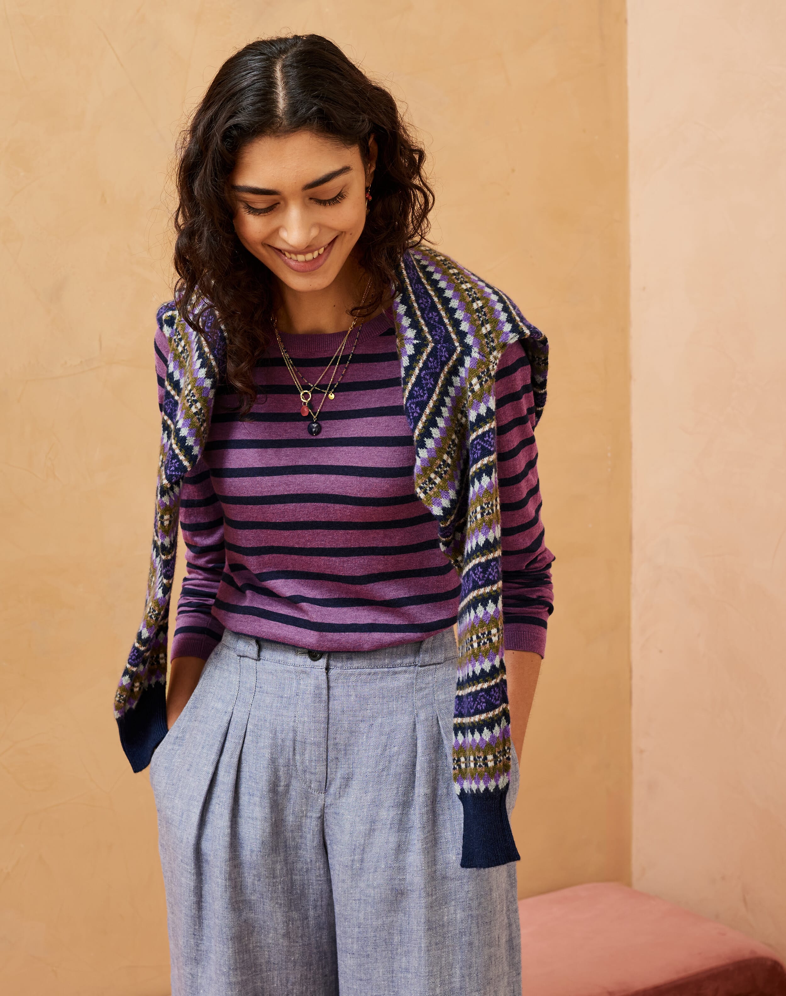 Combo of 2 Sky Blue and Purple Cotton Stripe Women Top main image 0