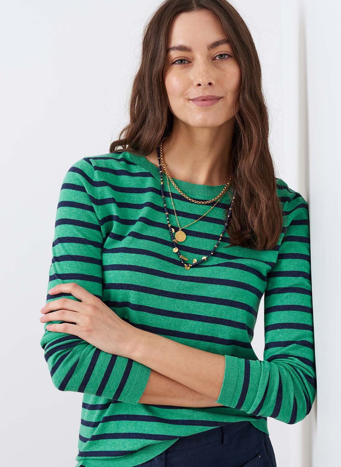 Jade & Navy Cotton Knit Stripe T-Shirt | Women's Tops | Brora