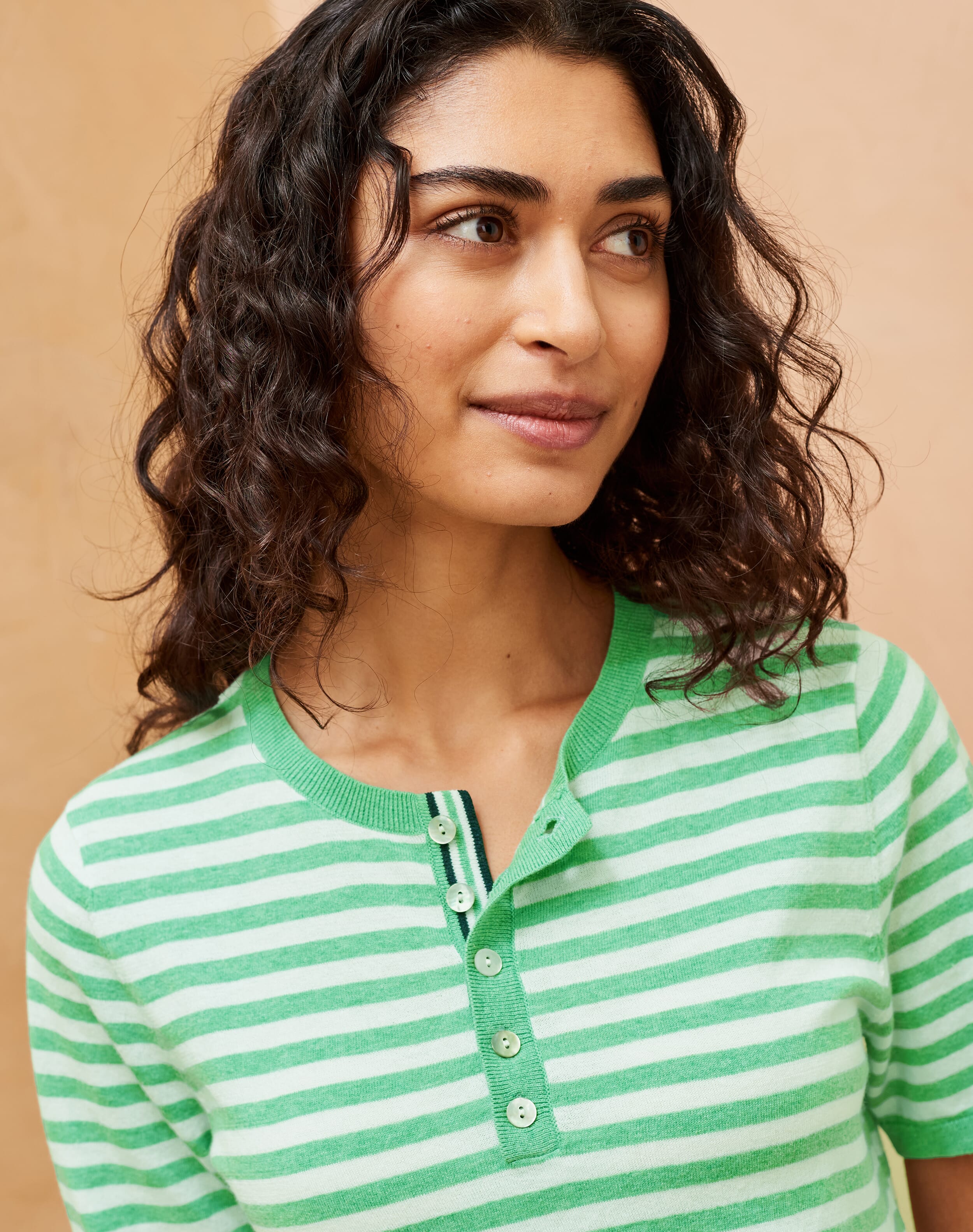 Green Cotton Knit Stripe Grandad | Women's Tops | Brora Fashion