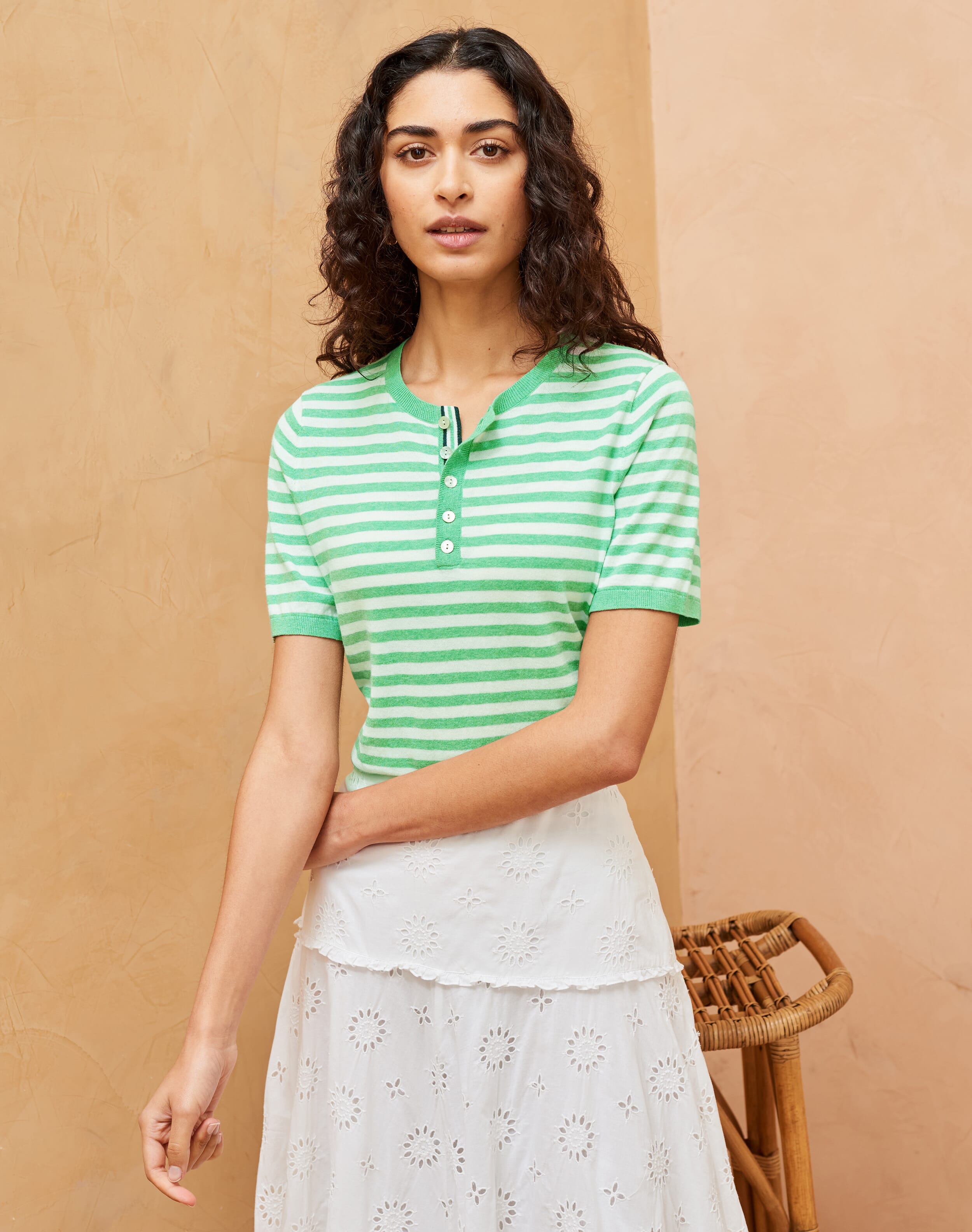 Green Cotton Knit Stripe Grandad | Women's Tops | Brora Fashion