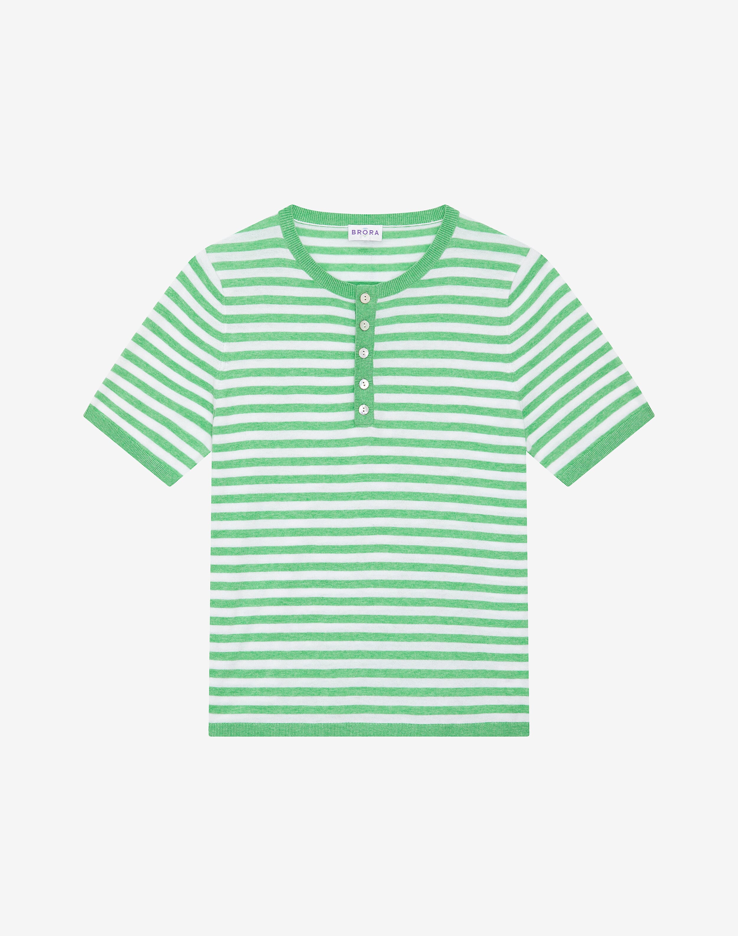 Green Cotton Knit Stripe Grandad | Women's Tops | Brora Fashion