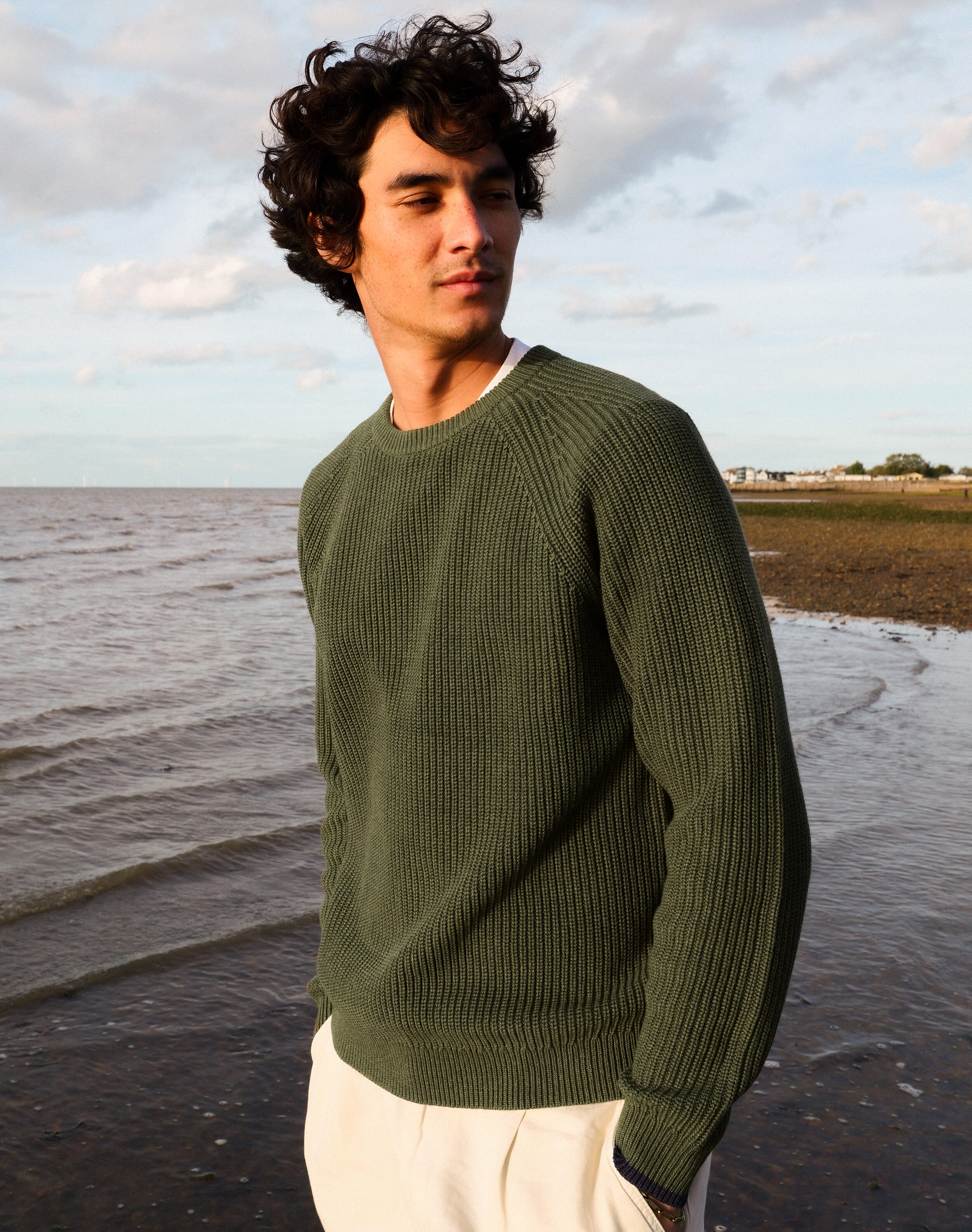 Brora Cotton Knit Rib Jumper Olive  - Size: L