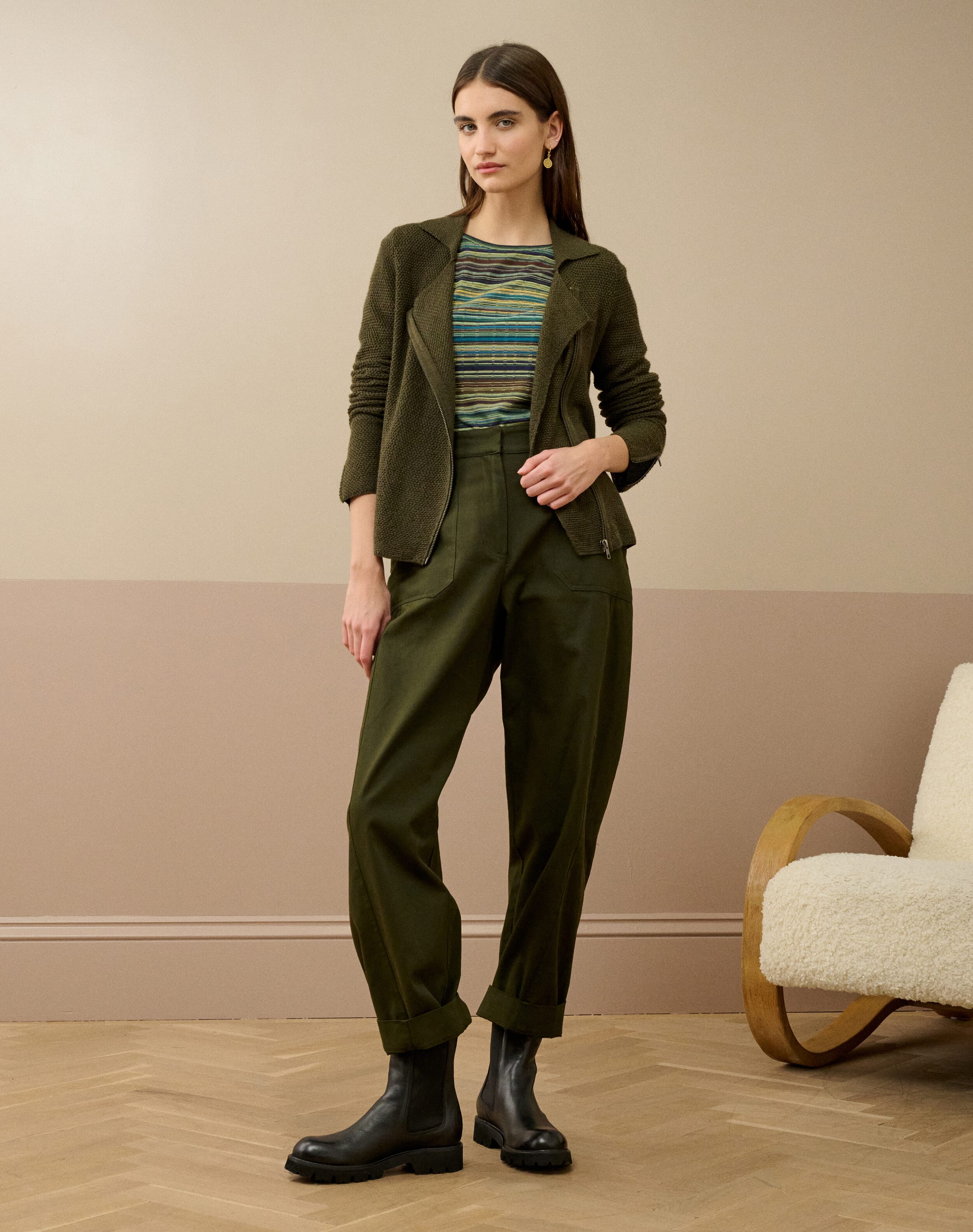Merino Biker Jacket in Olive | Brora Clearance