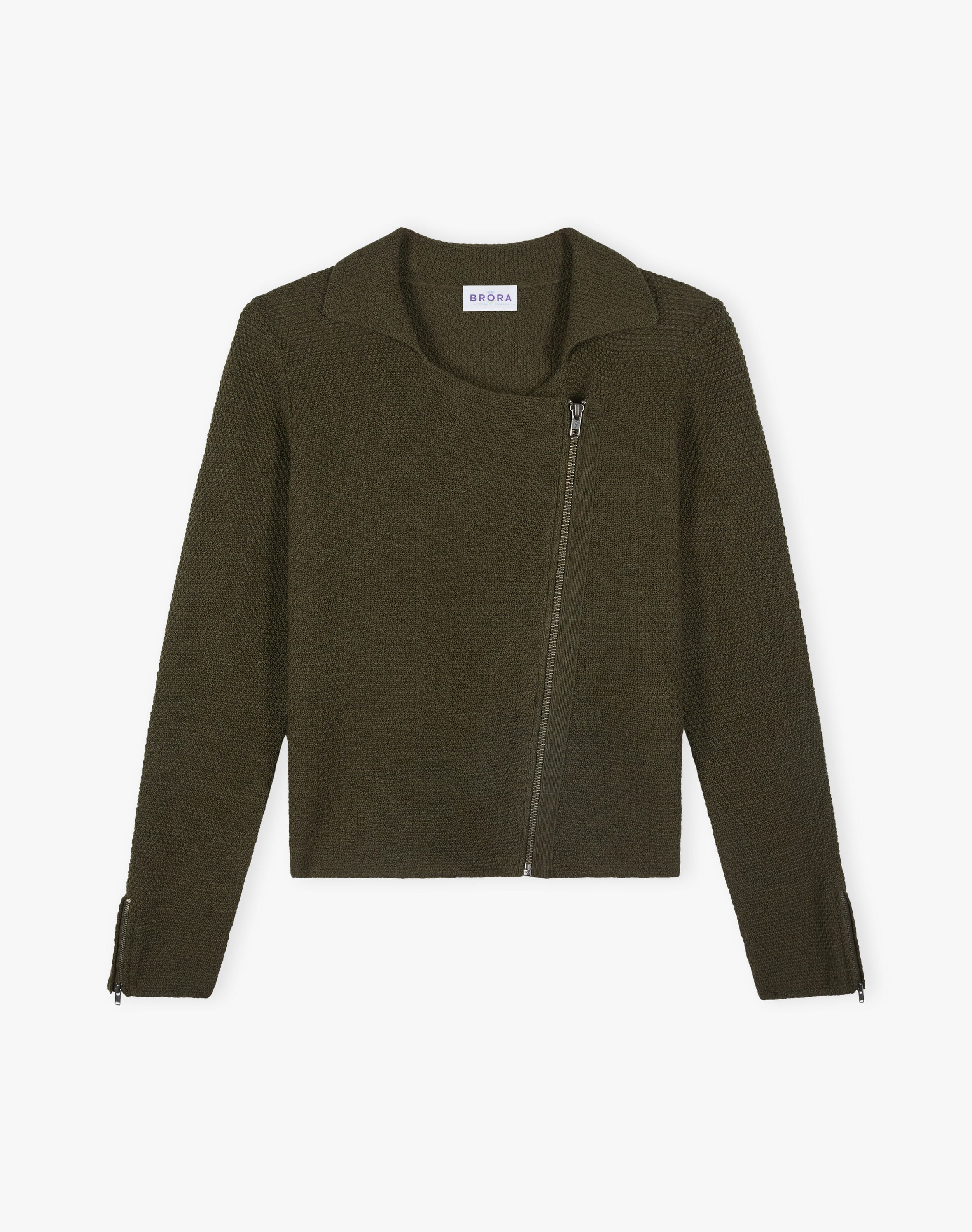 Merino Biker Jacket in Olive | Brora Clearance Merino Biker Jacket in Olive | Brora Clearance