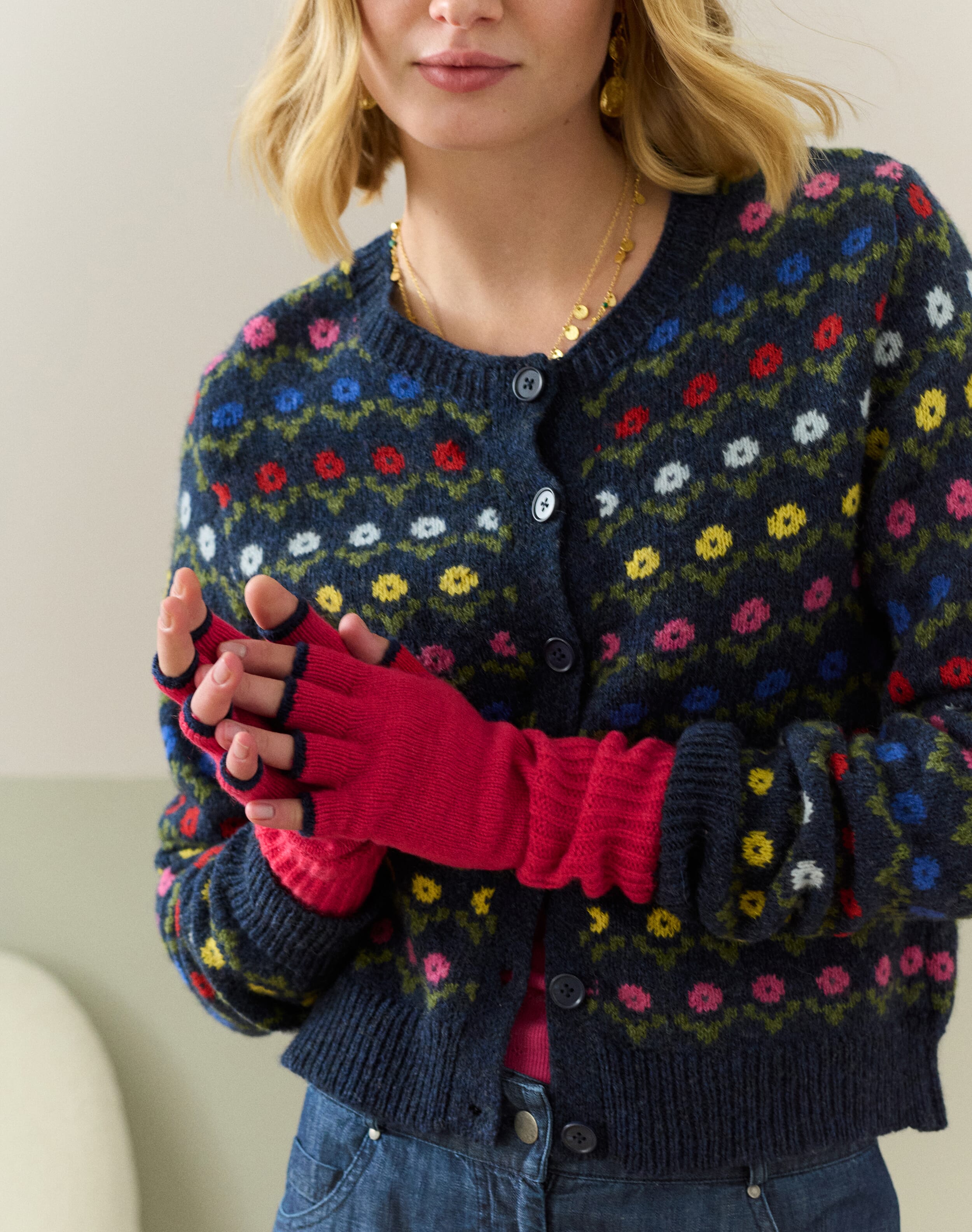 Brora Women's Cashmere Fingerless Gloves Cherry & french navy