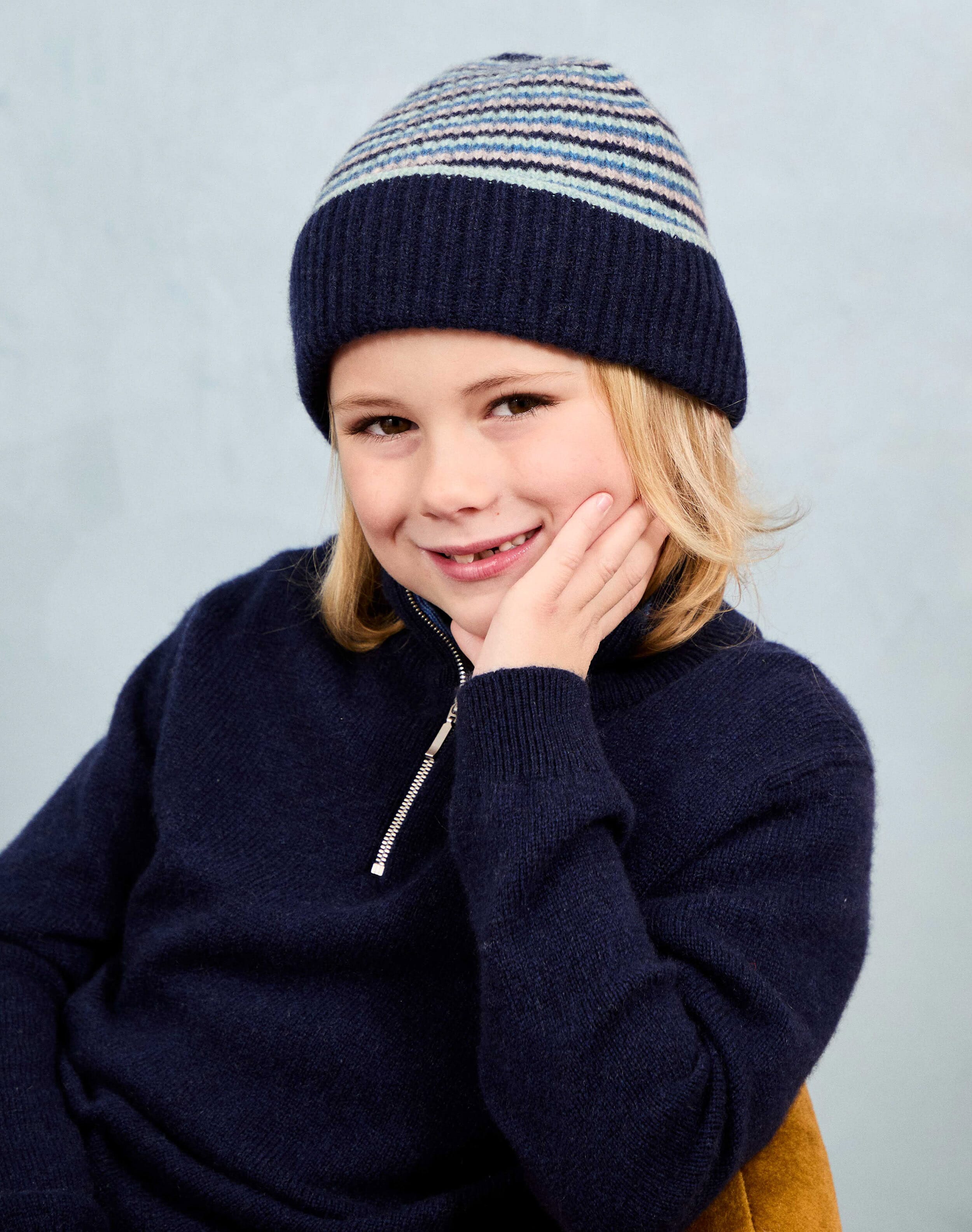 Brora Cashmere Stripy Beanie Jay & seaspray