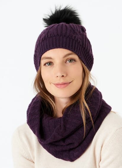 Cashmere Sheepskin Pom Pom Beanie in Plum Hats Brora