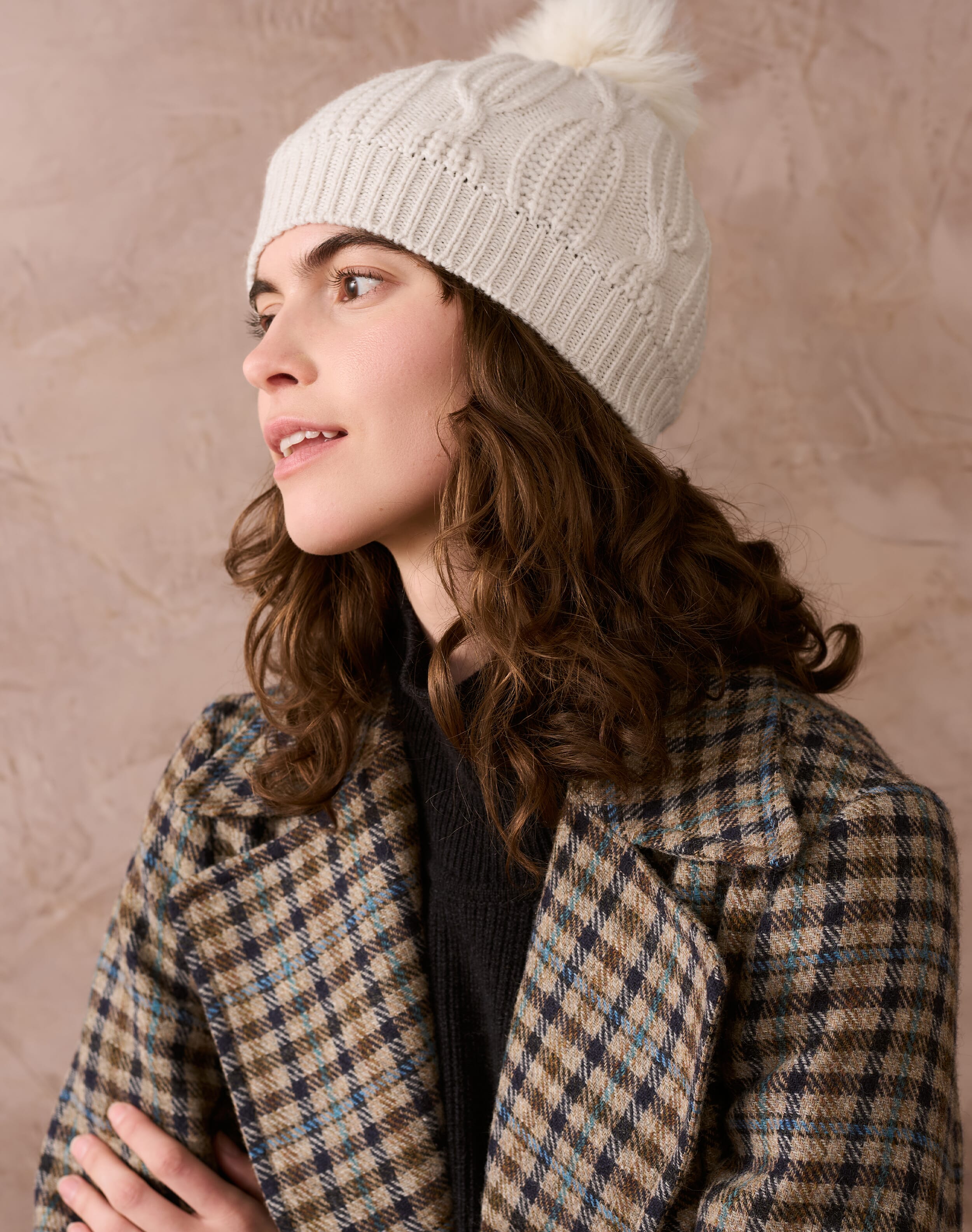 Brora Cashmere Sheepskin Pom Pom Beanie Swan