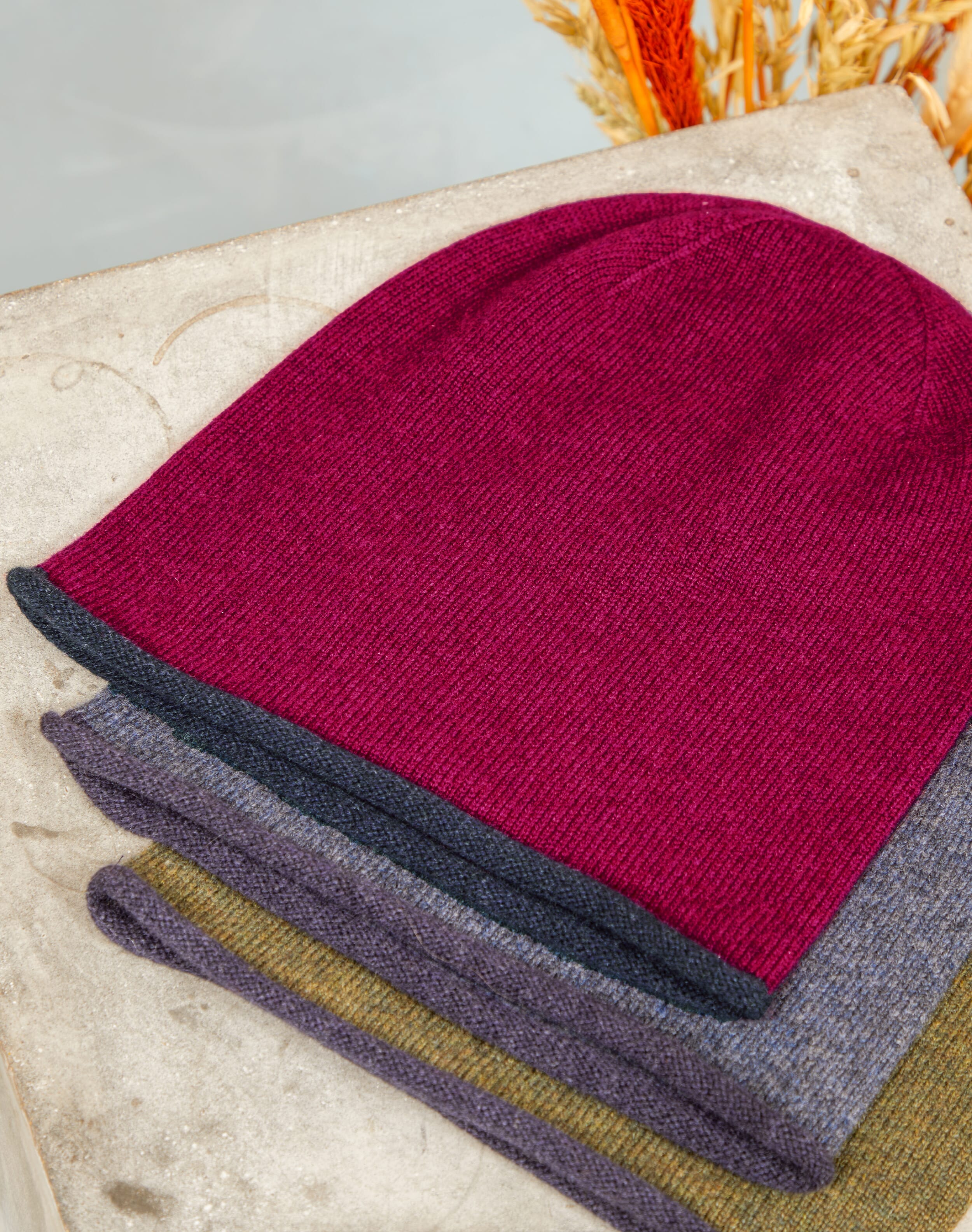 Cashmere Contrast Trim Slouchy Hat Mulberry