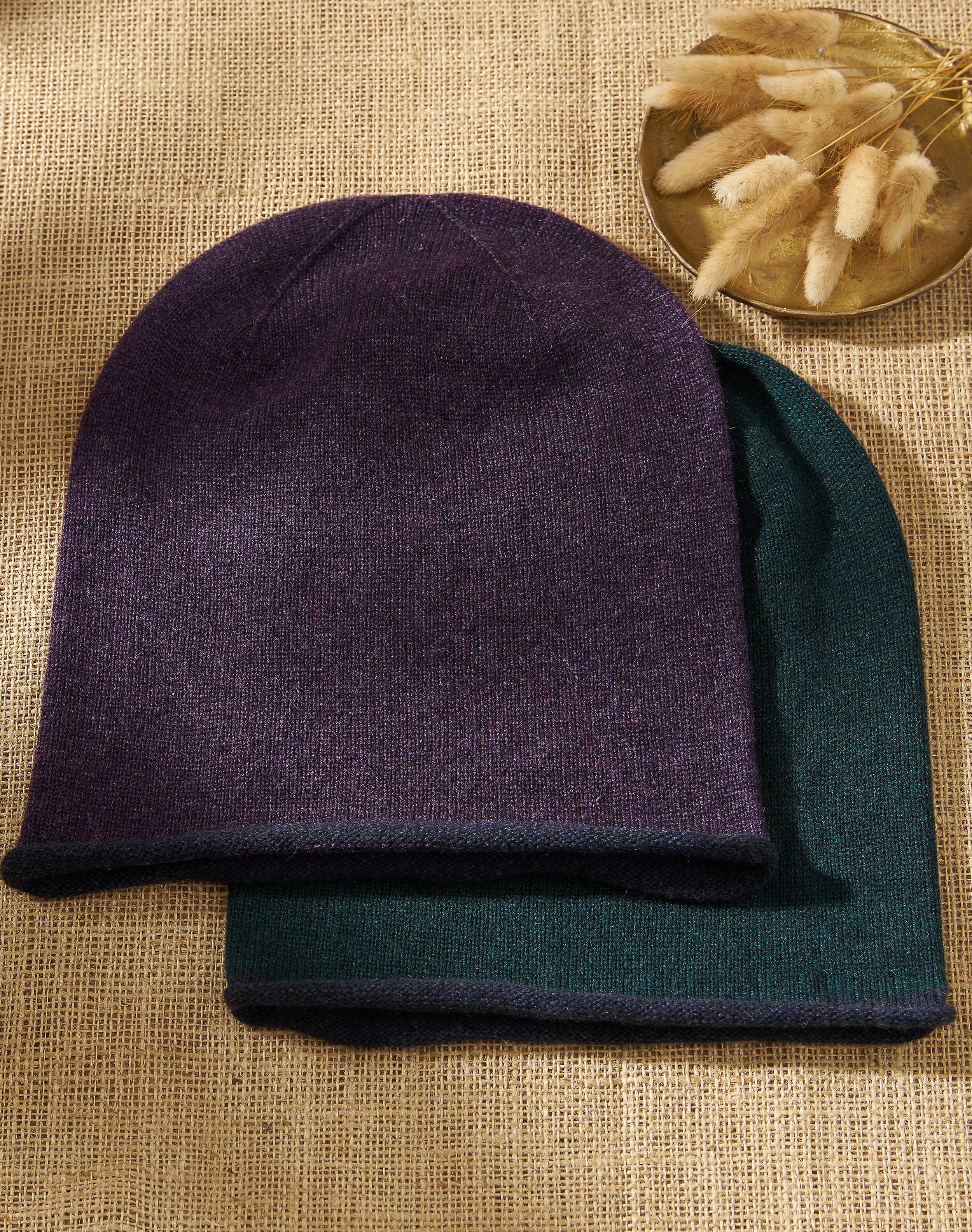 Brora Cashmere Contrast Trim Slouchy Hat Blackcurrant